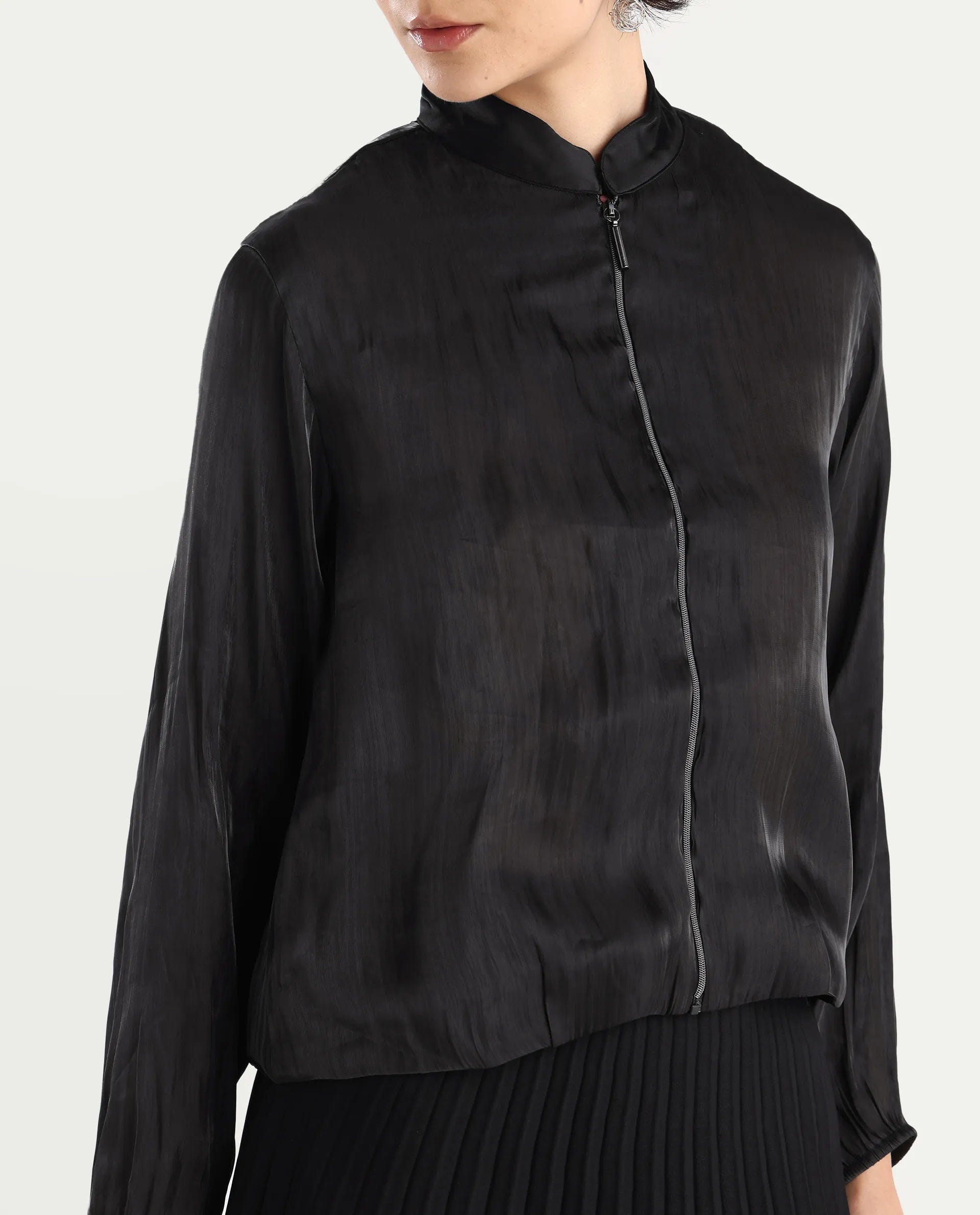 Rareism Women's Wals Black Mandarin Collar Plain Cuffed Sleeve Regular Fit Jacket