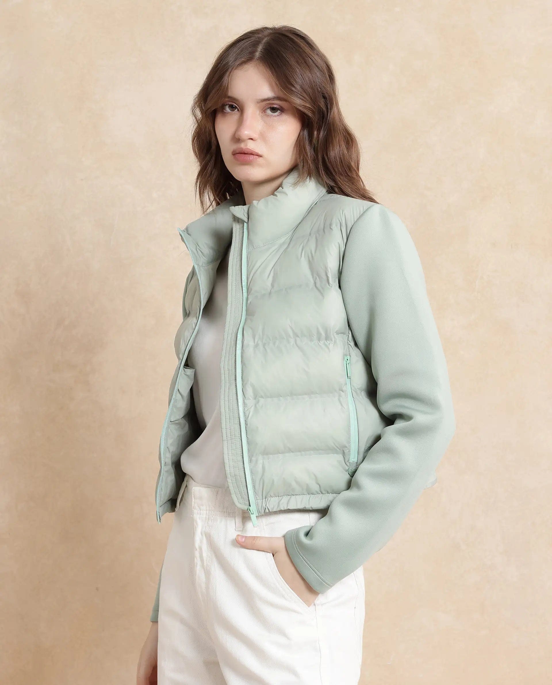 Rareism Women's Zarcro Light Green Stand Collar Dyed Regular Fit Jacket