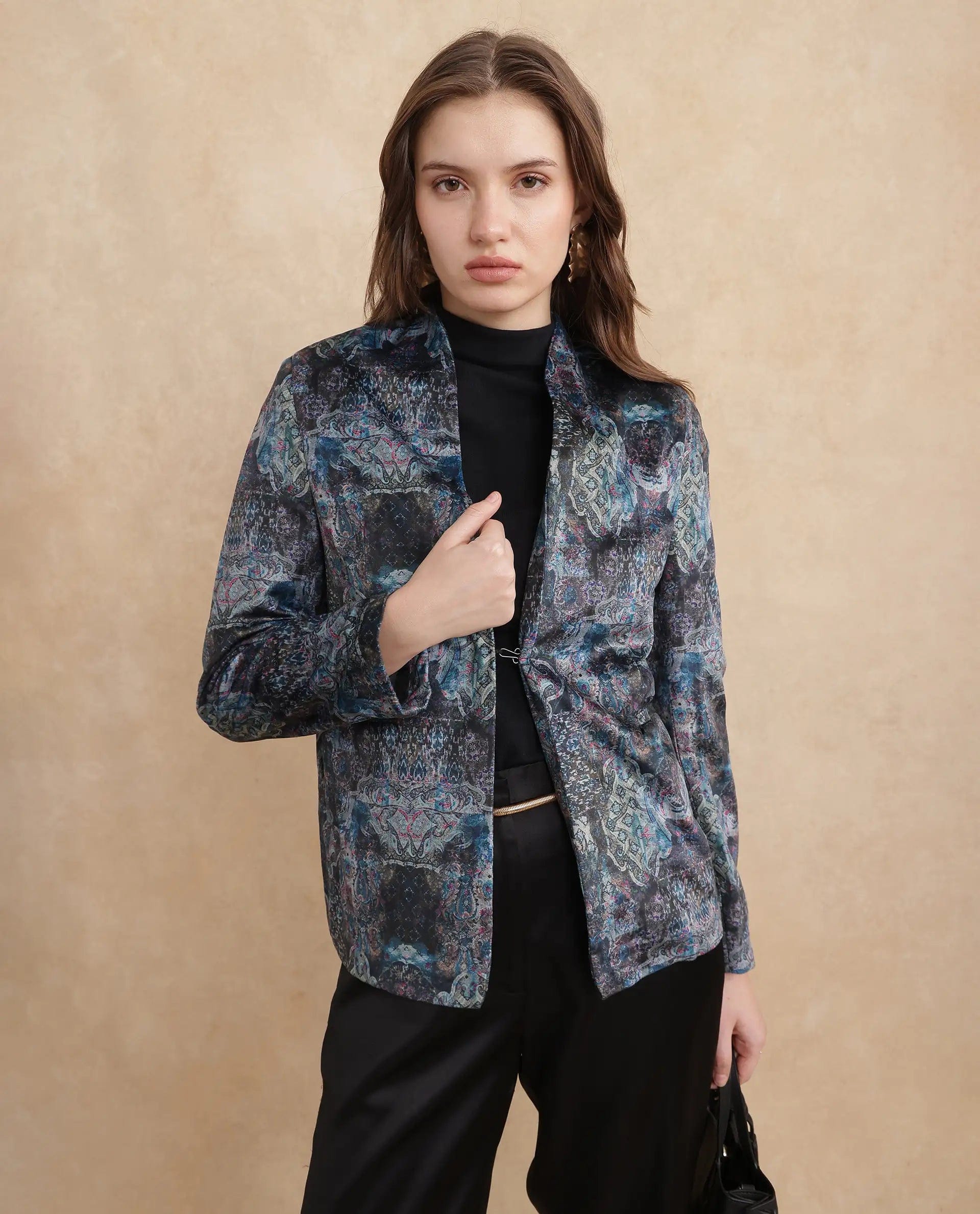 Rareism Women's Valorie Multi Velvet Lapel Neck Abstract Print Cuffed Sleeve Regular Fit Blazer