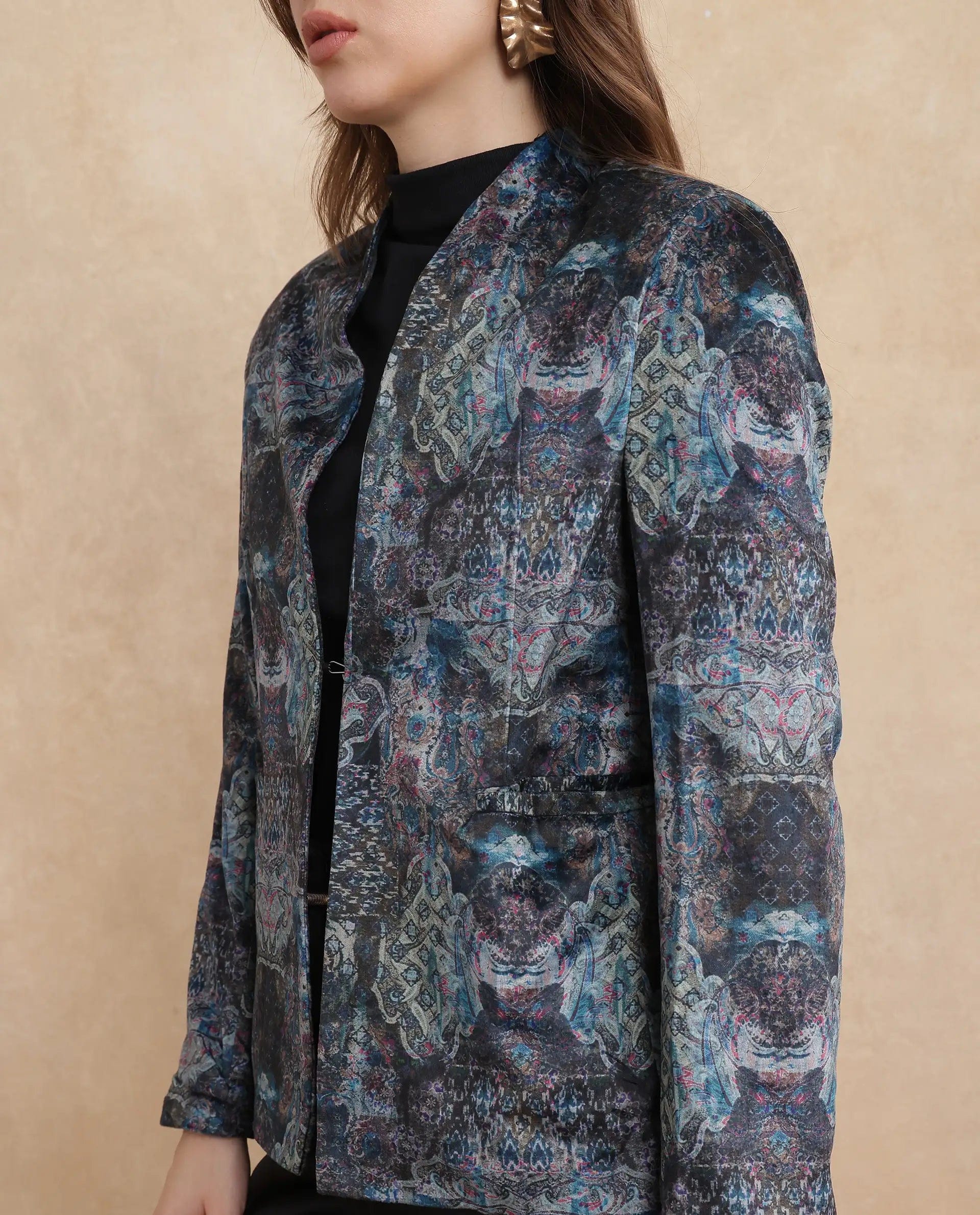 Rareism Women's Valorie Multi Velvet Lapel Neck Abstract Print Cuffed Sleeve Regular Fit Blazer