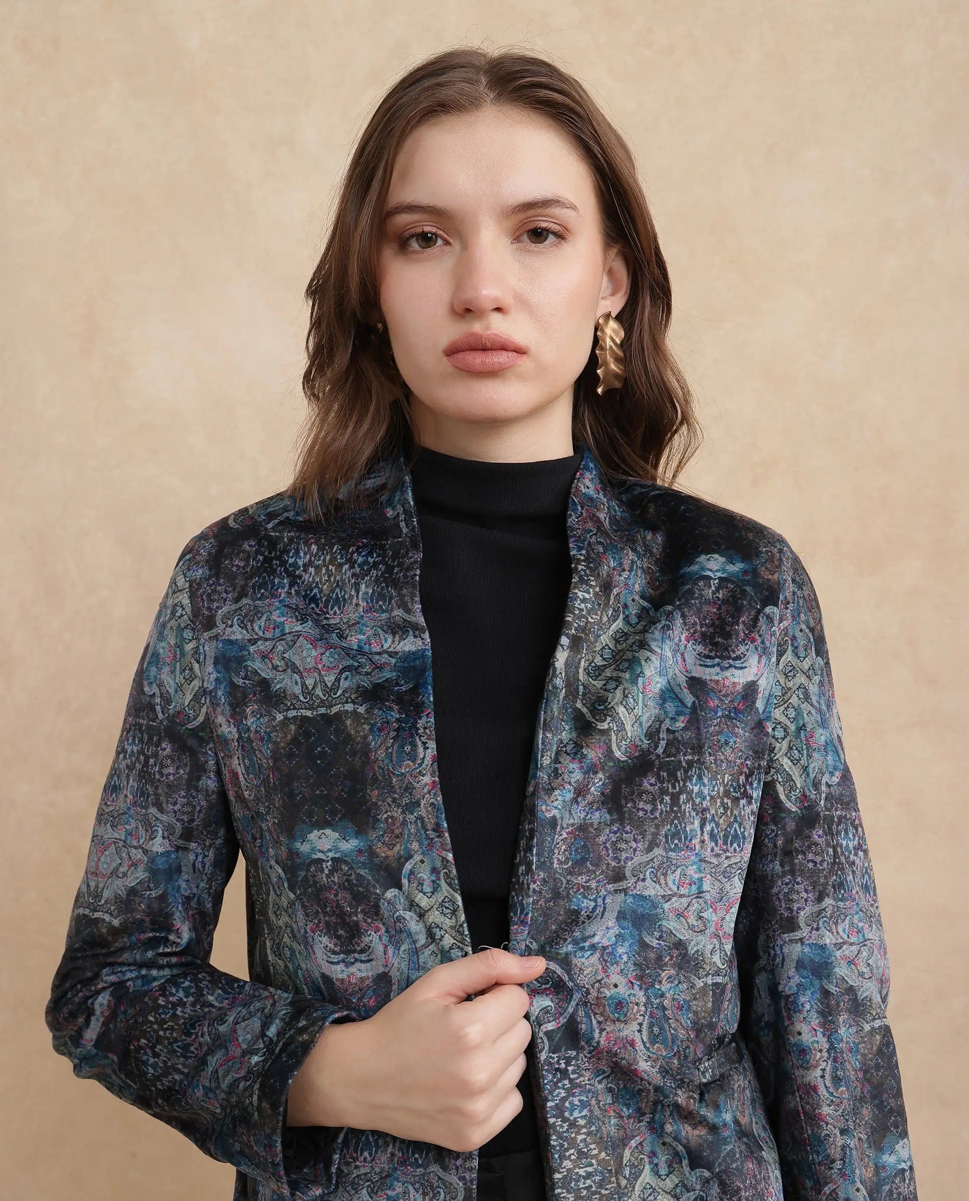 Rareism Women's Valorie Multi Velvet Lapel Neck Abstract Print Cuffed Sleeve Regular Fit Blazer