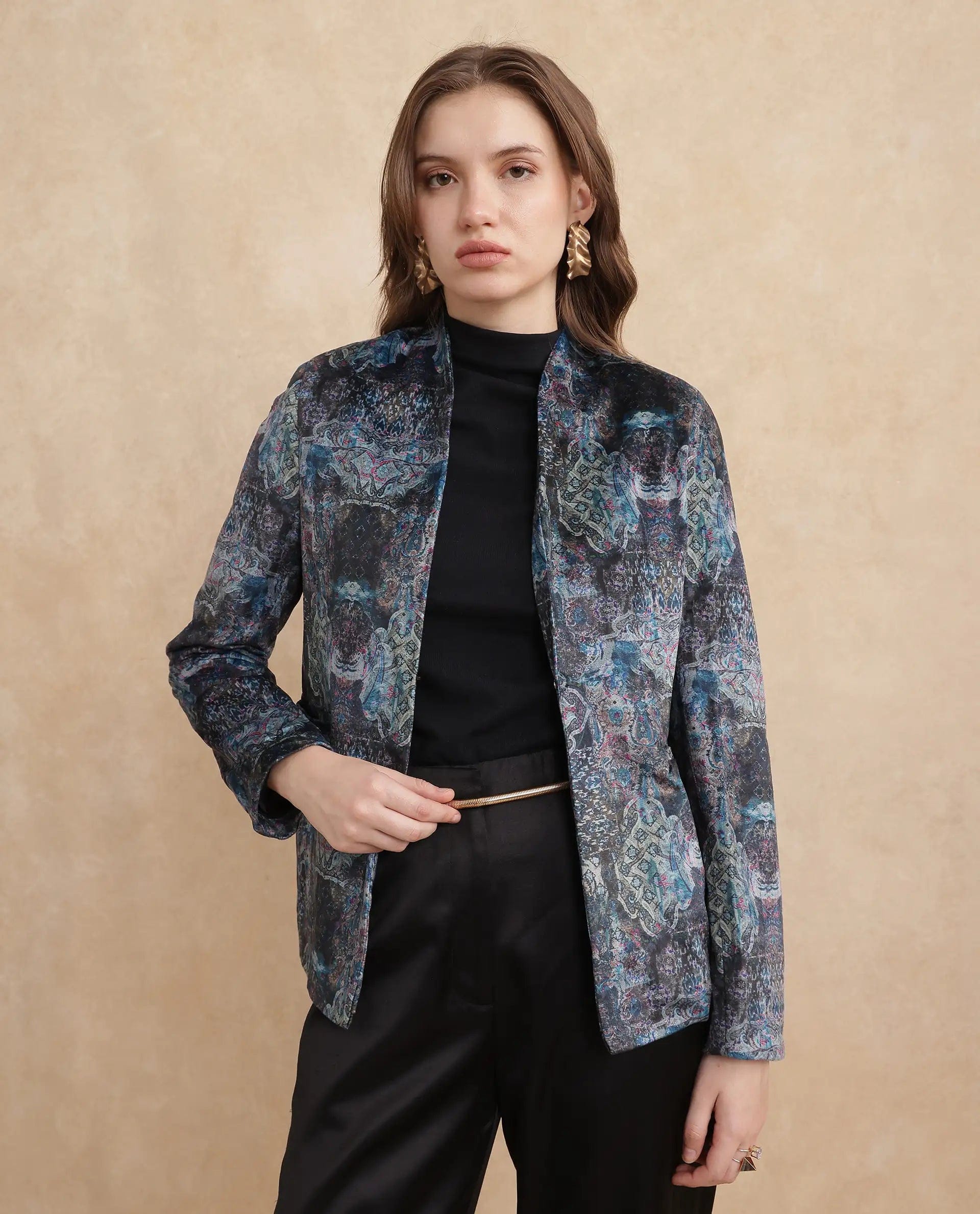 Rareism Women's Valorie Multi Velvet Lapel Neck Abstract Print Cuffed Sleeve Regular Fit Blazer