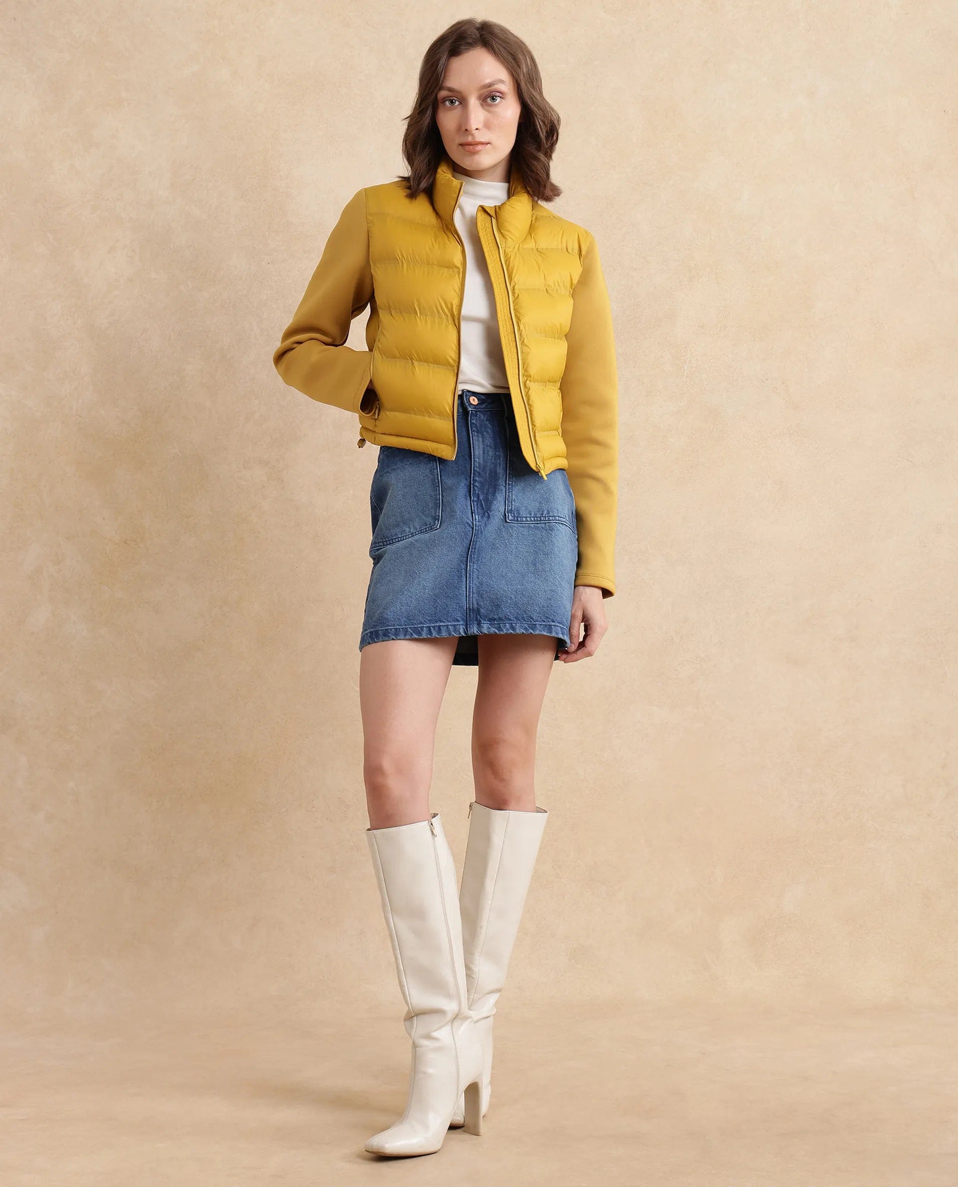 Rareism Women's Zarcro Yellow Stand Collar Plain Regular Fit Jacket