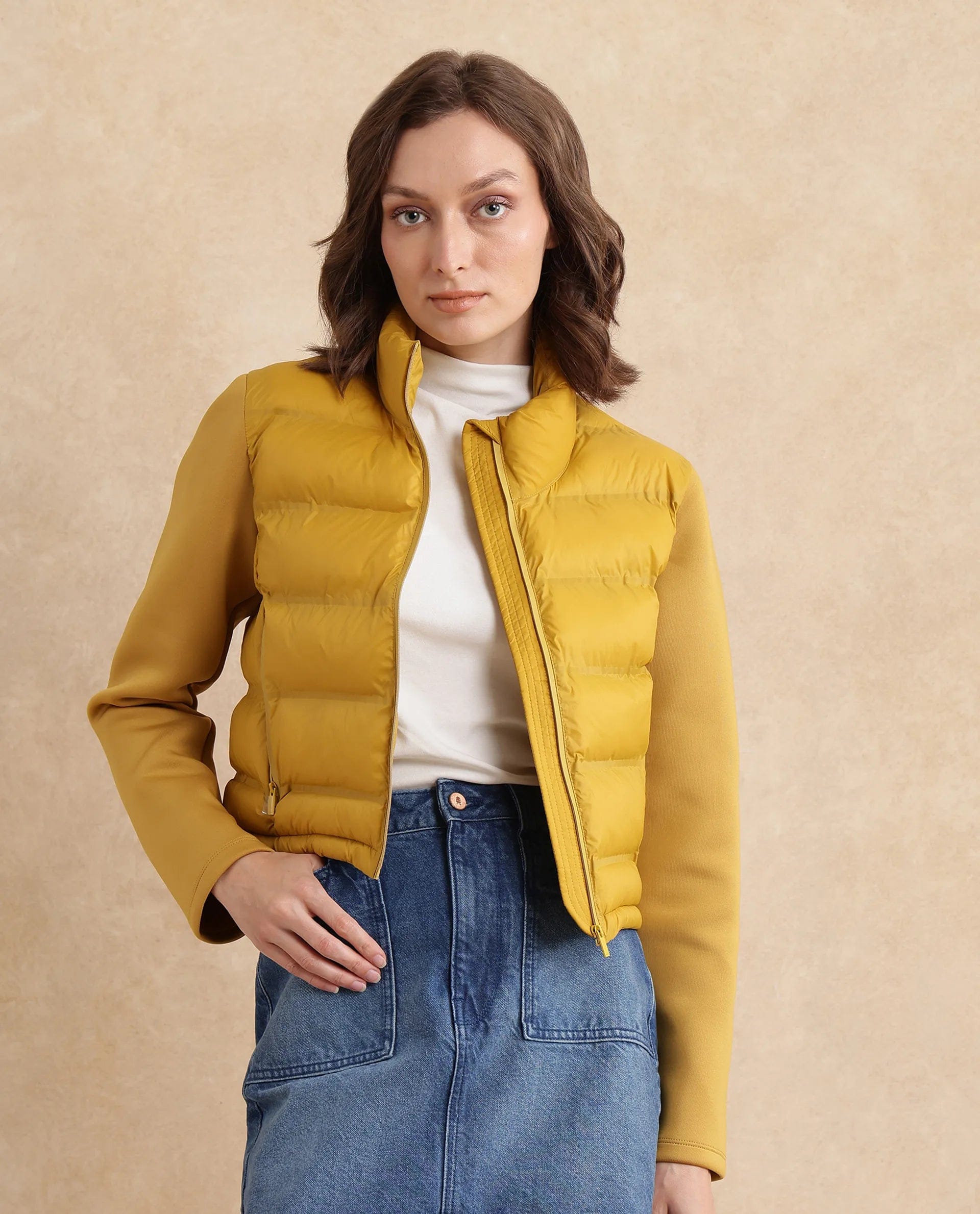 Rareism Women's Zarcro Yellow Stand Collar Plain Regular Fit Jacket