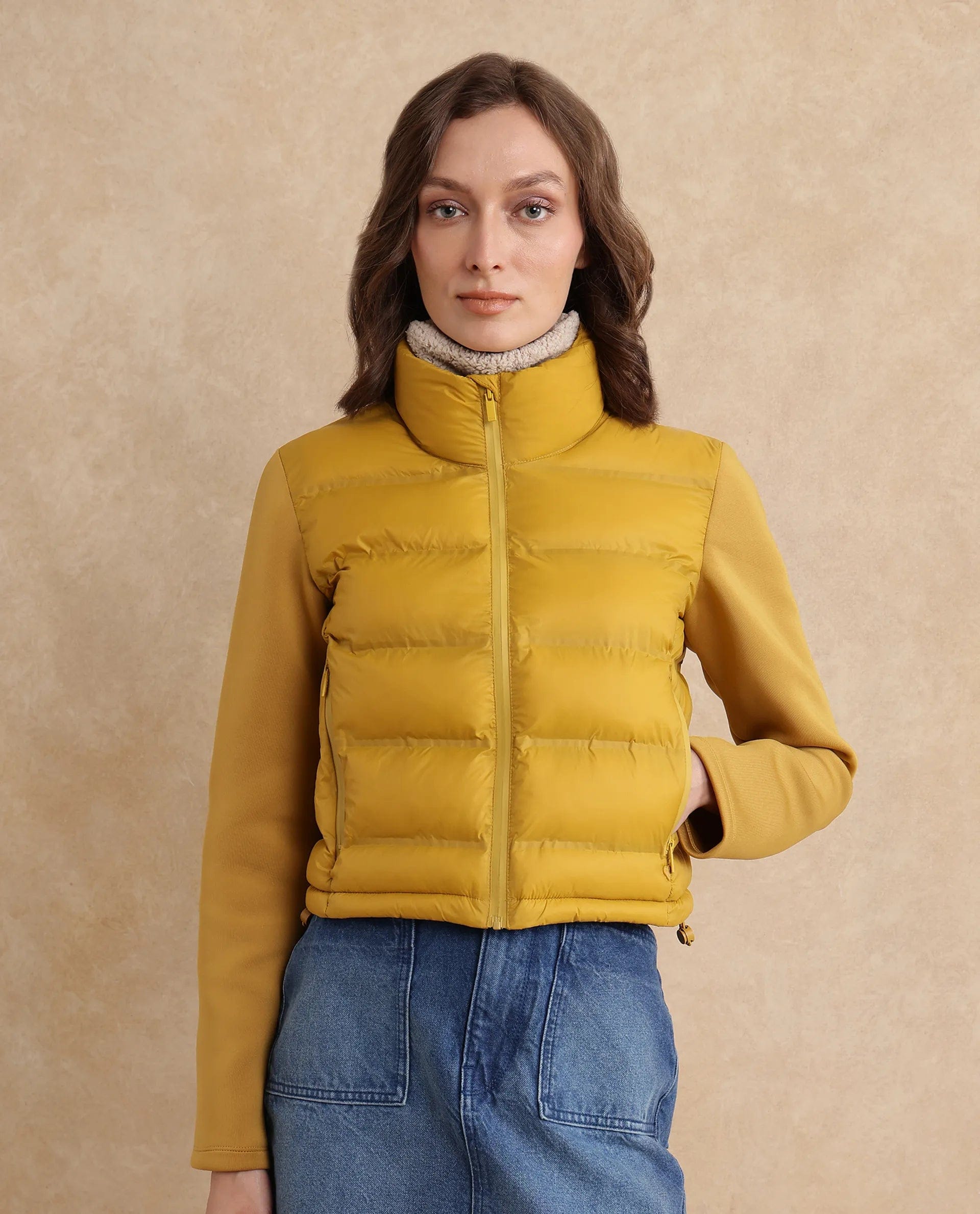 Rareism Women's Zarcro Yellow Stand Collar Plain Regular Fit Jacket