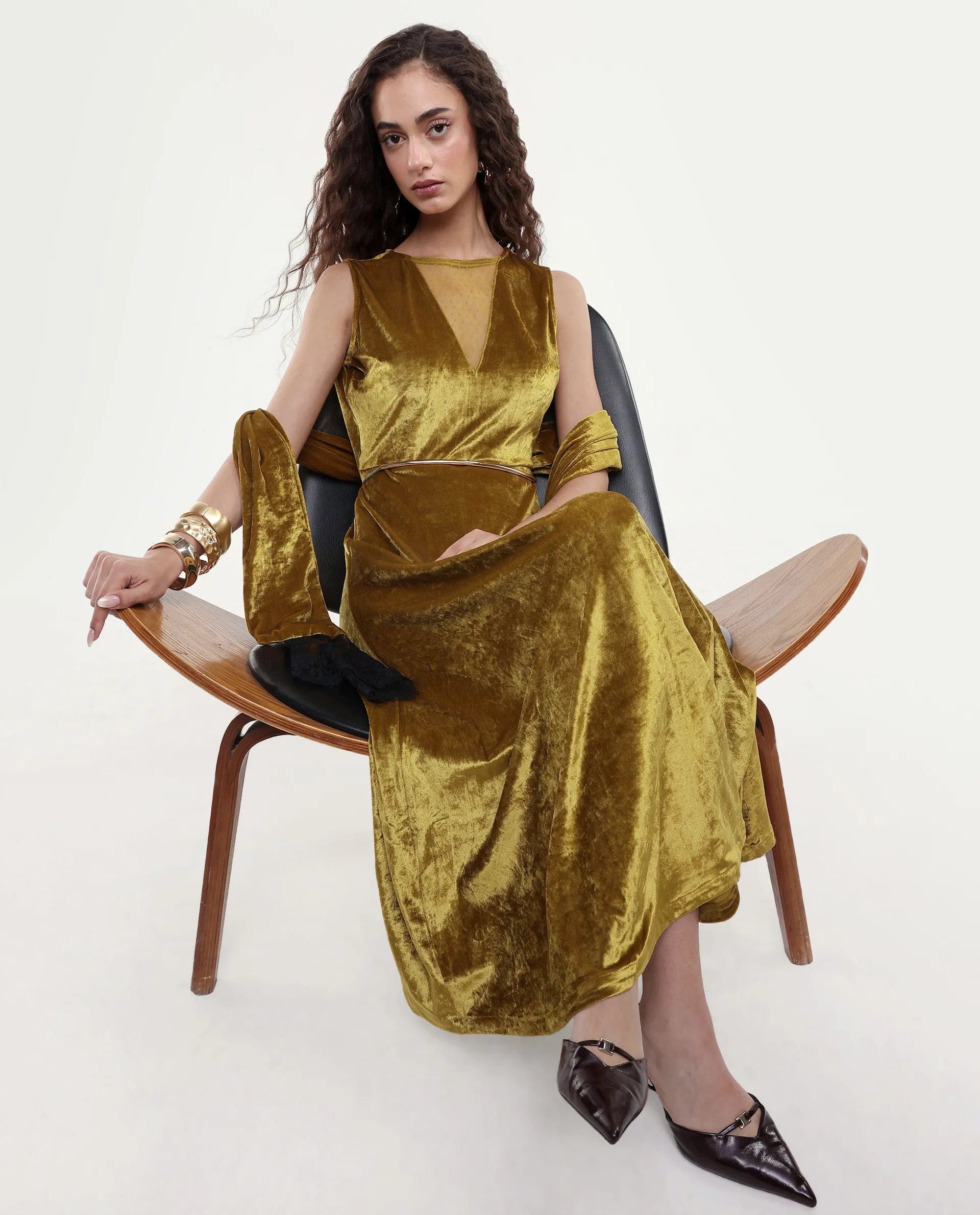 Rareism Women's Clementi Olive Velvet V - Neck Plain Sleeveless Maxi Fit And Flare Dress