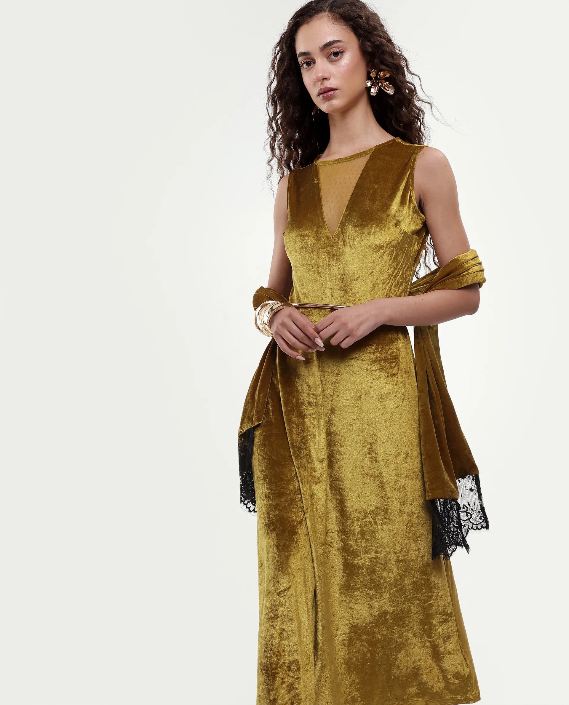 Rareism Women's Clementi Olive Velvet V - Neck Plain Sleeveless Maxi Fit And Flare Dress
