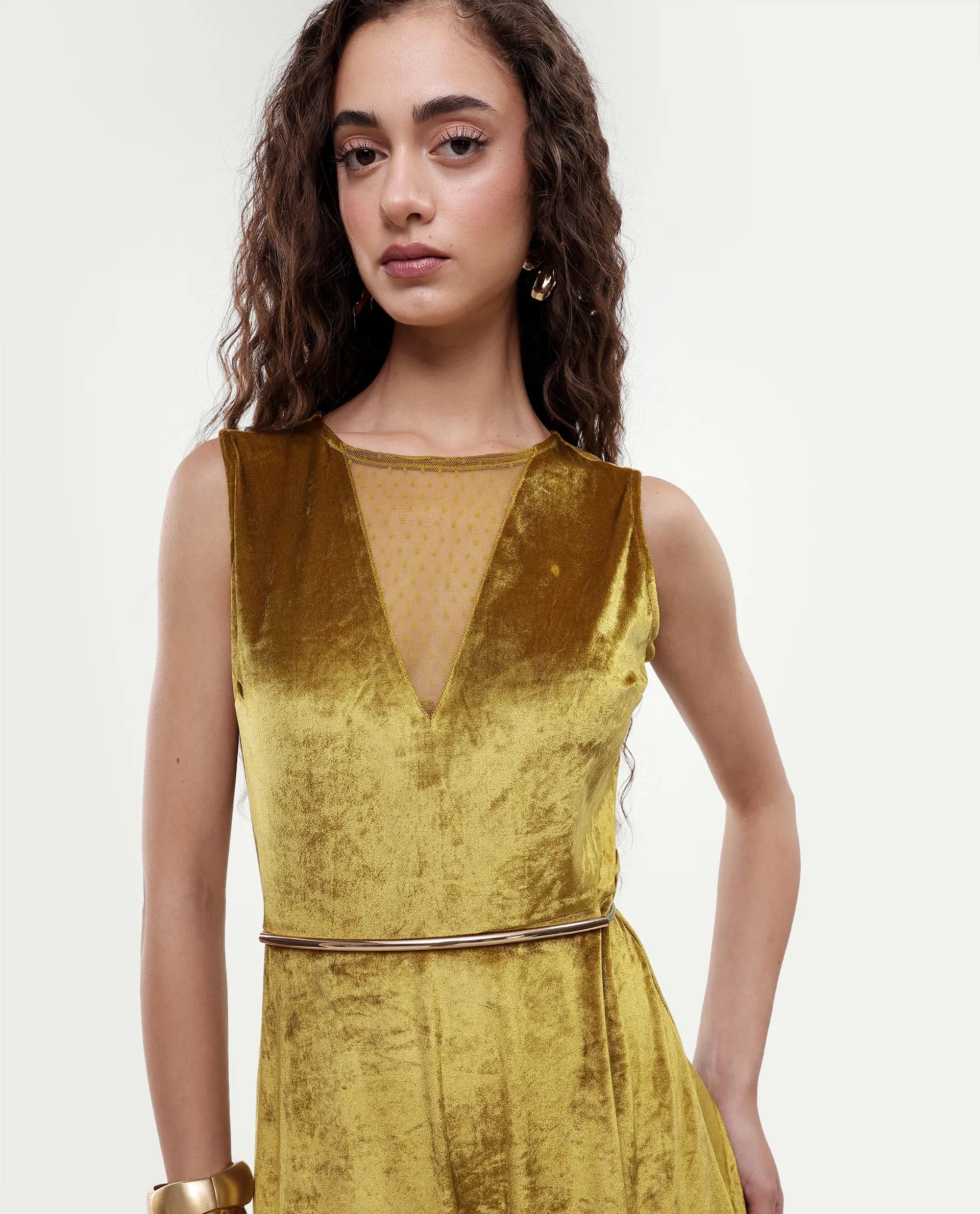 Rareism Women's Clementi Olive Velvet V - Neck Plain Sleeveless Maxi Fit And Flare Dress
