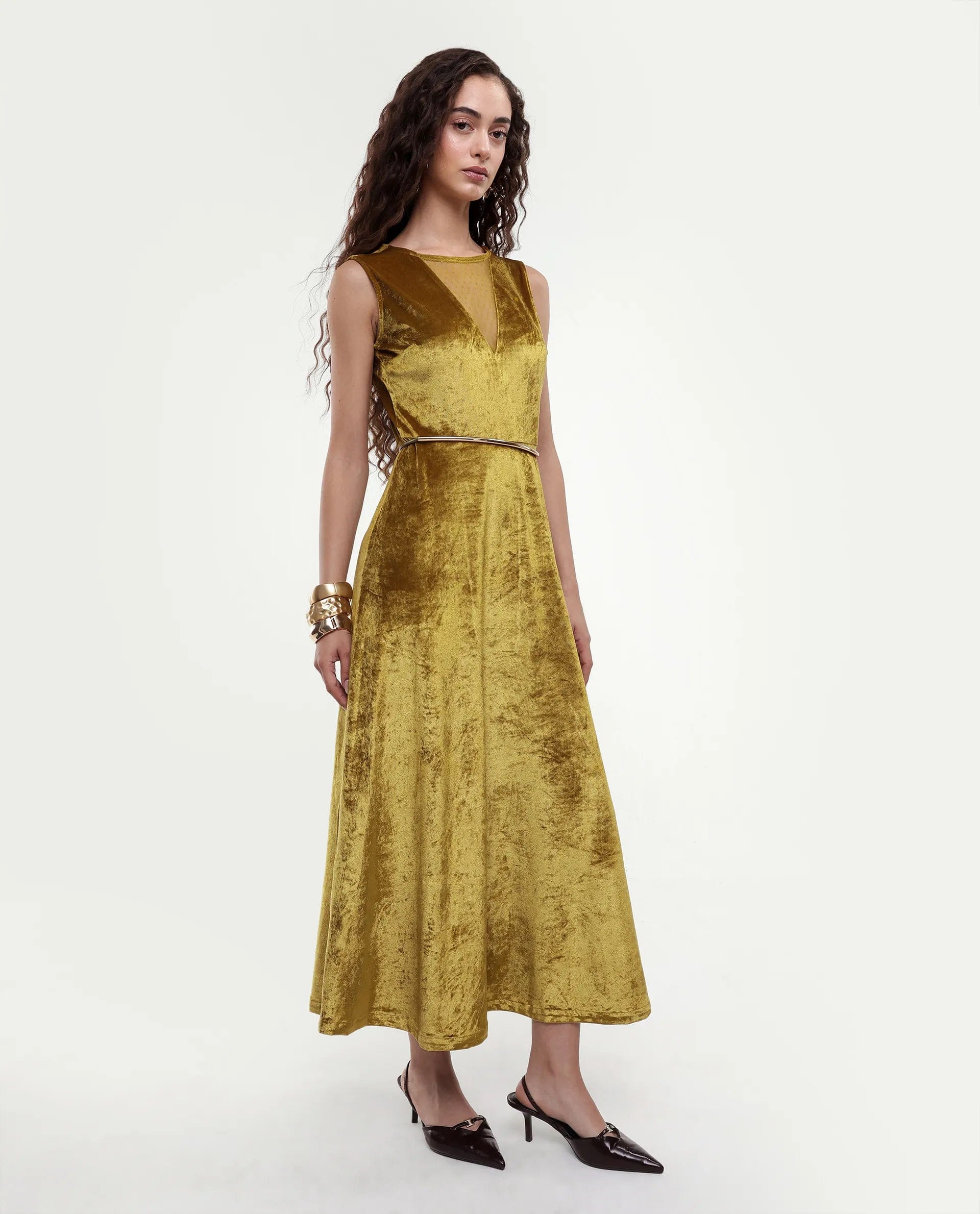 Rareism Women's Clementi Olive Velvet V - Neck Plain Sleeveless Maxi Fit And Flare Dress
