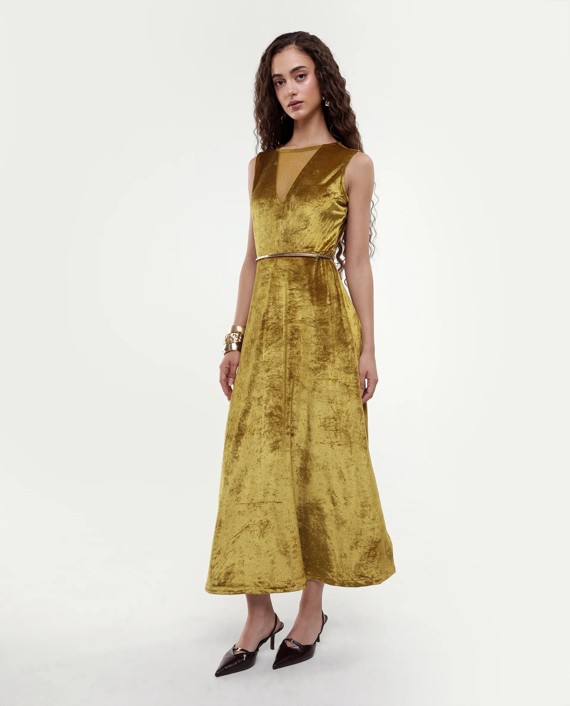 Rareism Women's Clementi Olive Velvet V - Neck Plain Sleeveless Maxi Fit And Flare Dress