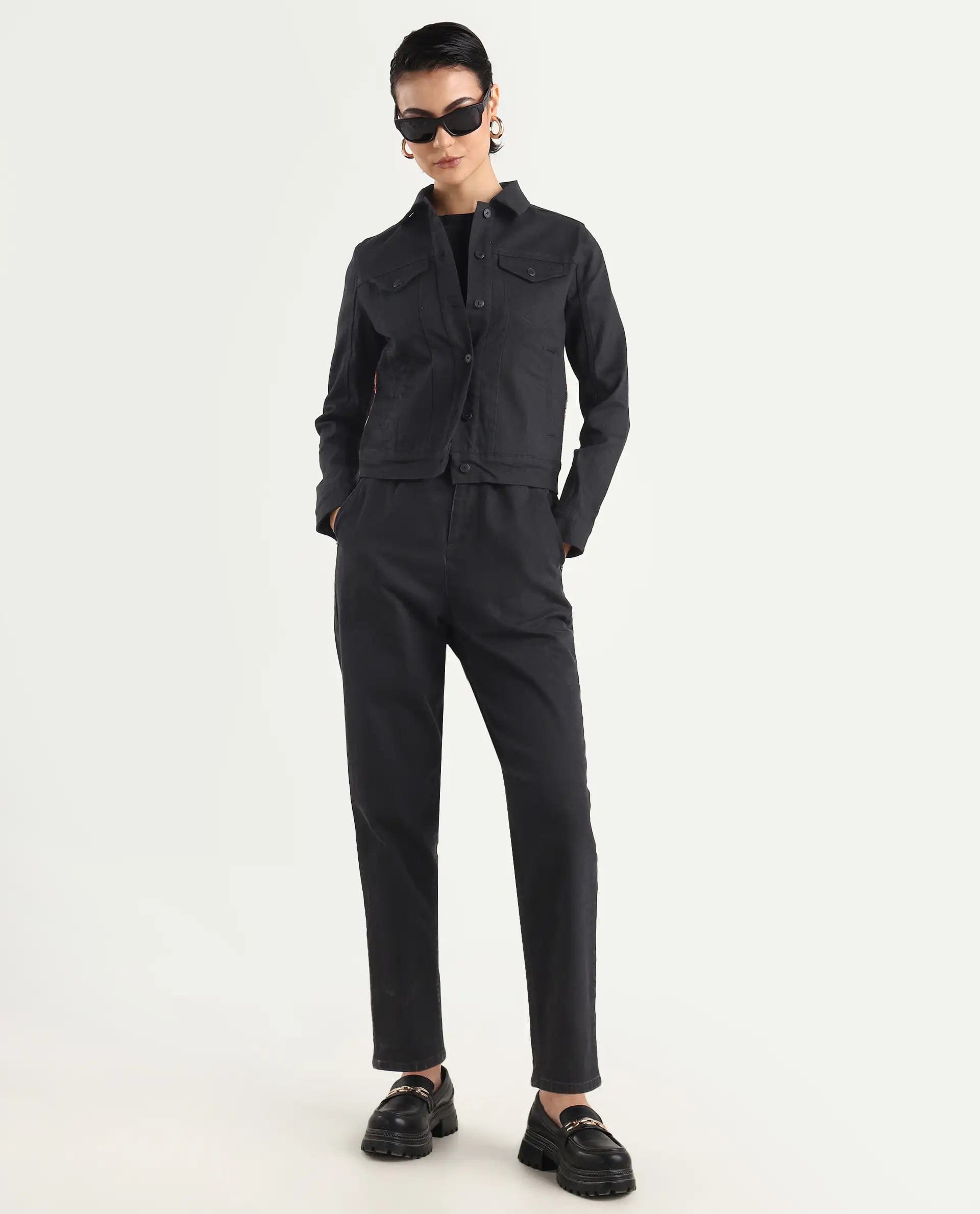 Rareism Women's Floria Black Cotton Blend Drop Collar Plain Cuffed Sleeve Regular Fit Jacket