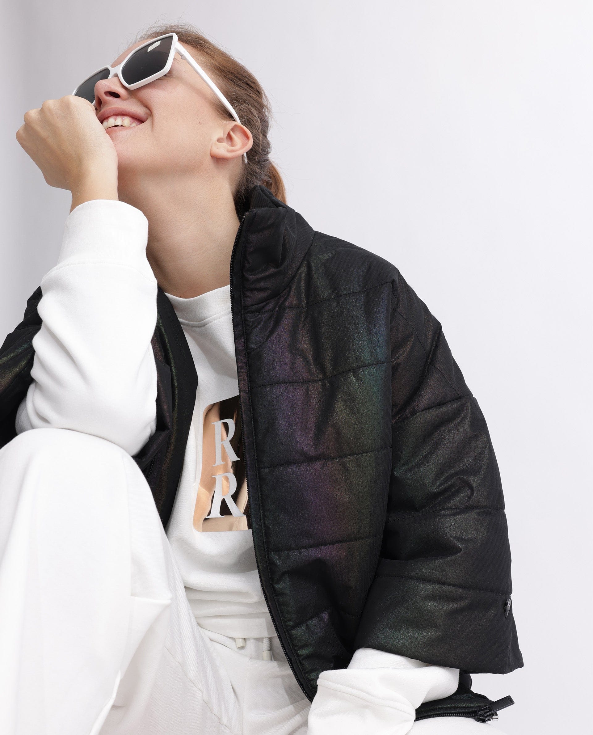 Rareism Women's Habit Black Polyester High Neck Plain Bell Sleeve Regular Fit Jacket