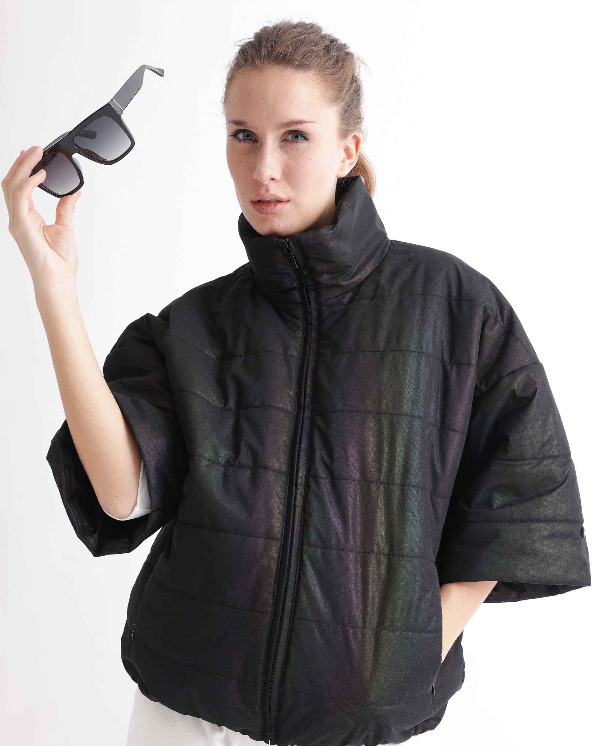 Rareism Women's Habit Black Polyester High Neck Plain Bell Sleeve Regular Fit Jacket