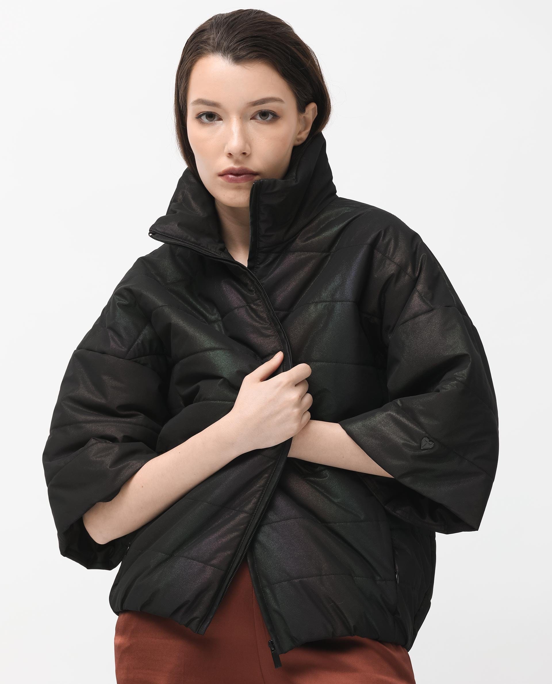 Rareism Women's Habit Black Polyester High Neck Plain Bell Sleeve Regular Fit Jacket