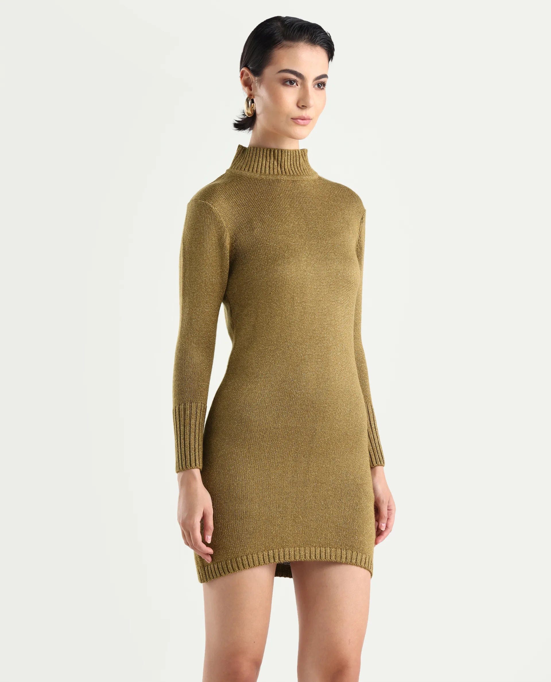Rareism Women's Nach Gold Acrylic High Neck Plain Knee Length Regular Fit Sweater