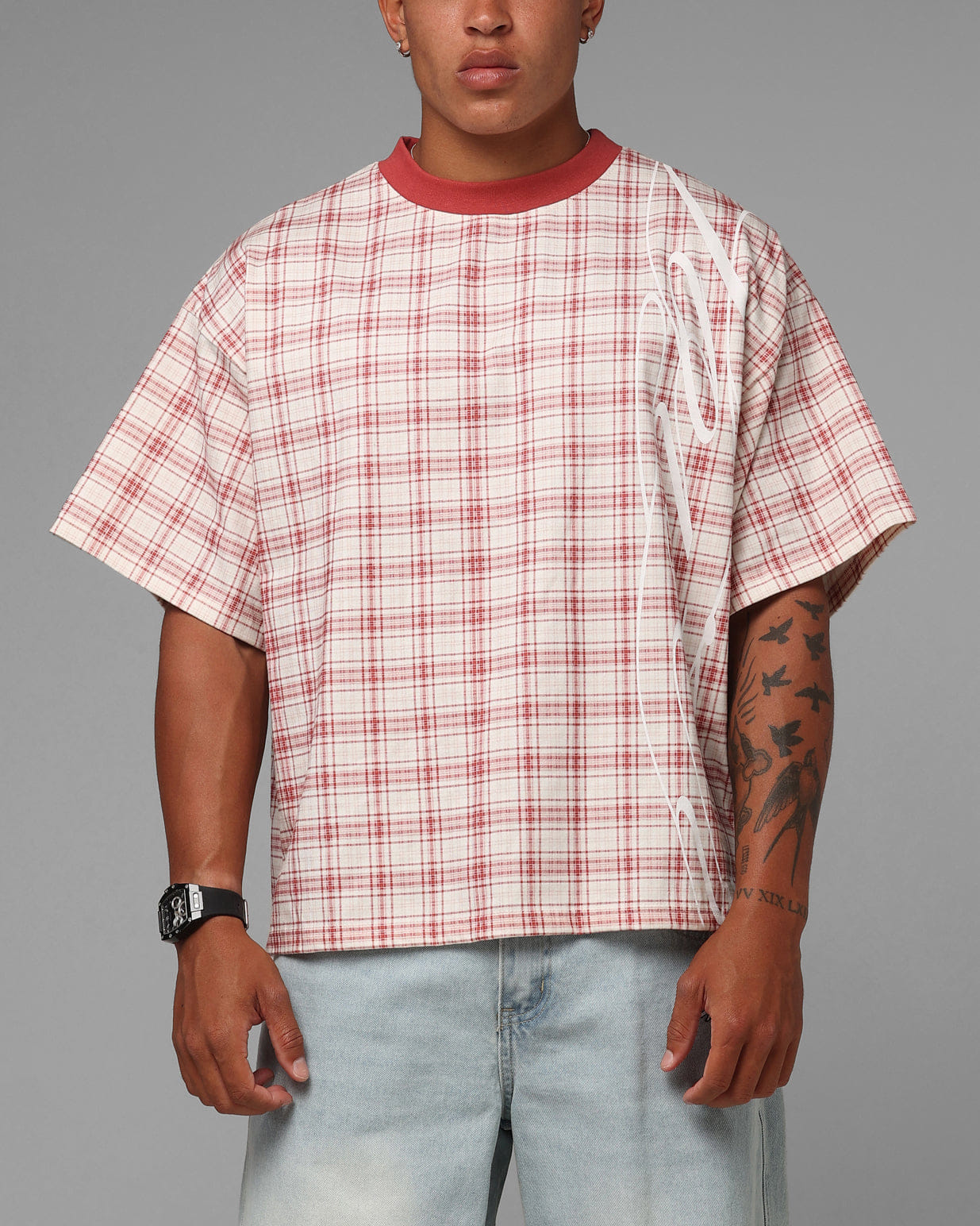 Loiter Script T - Shirt Pink Check