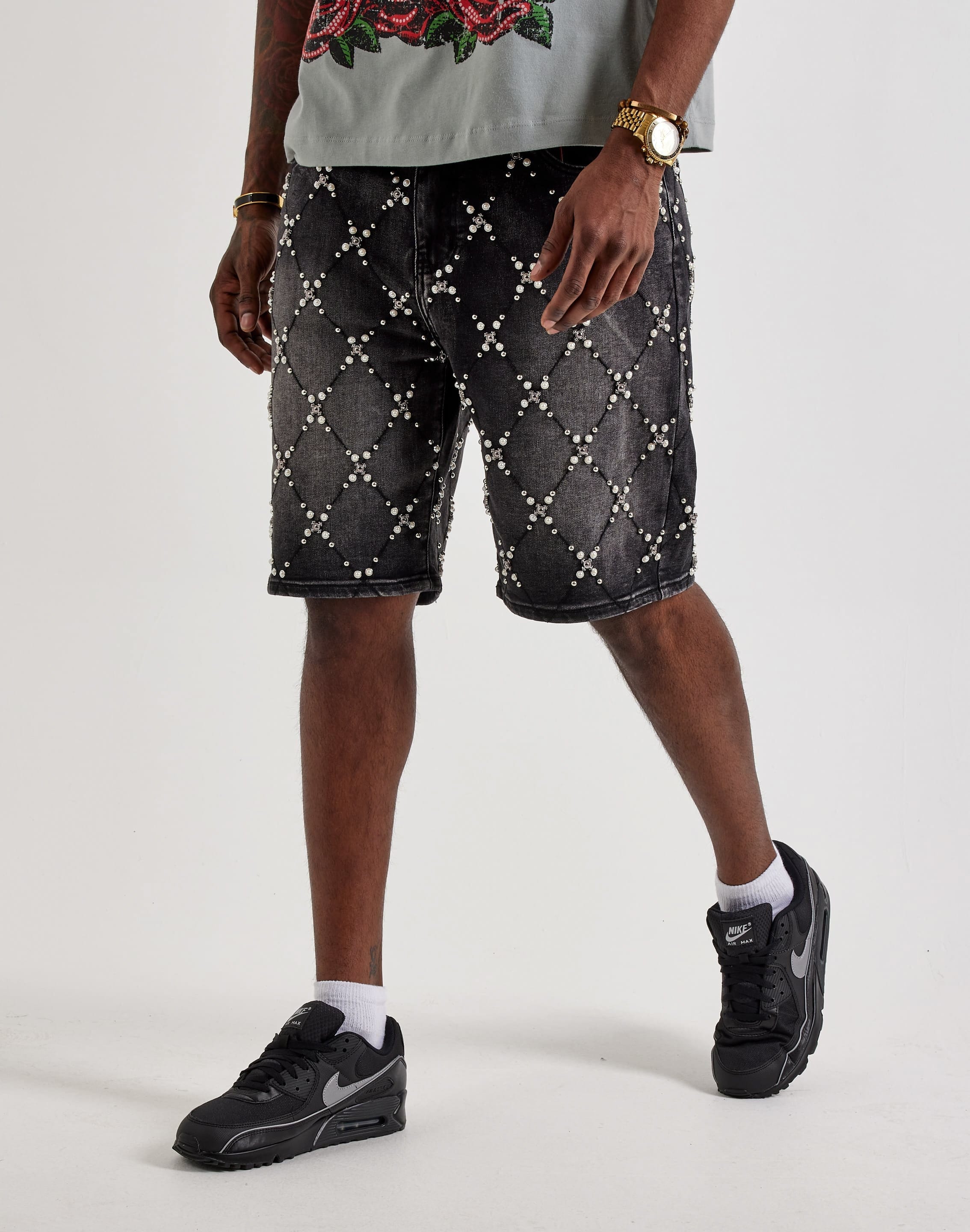 Vicious Denim Pearl Cluster Denim Shorts