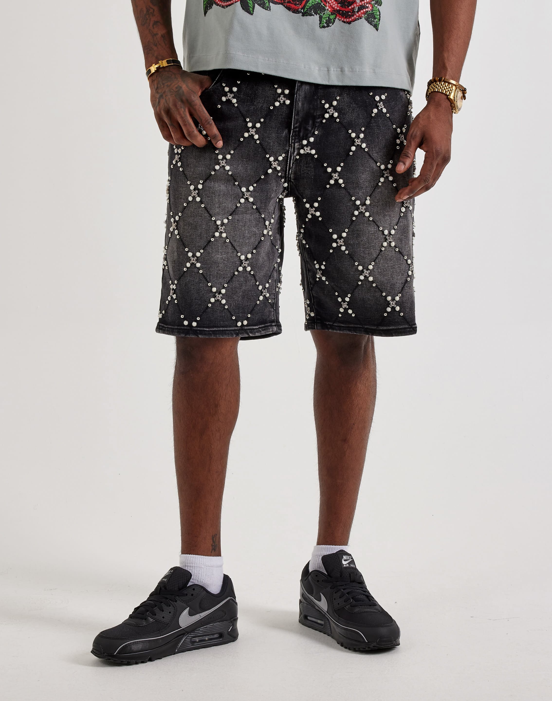 Vicious Denim Pearl Cluster Denim Shorts