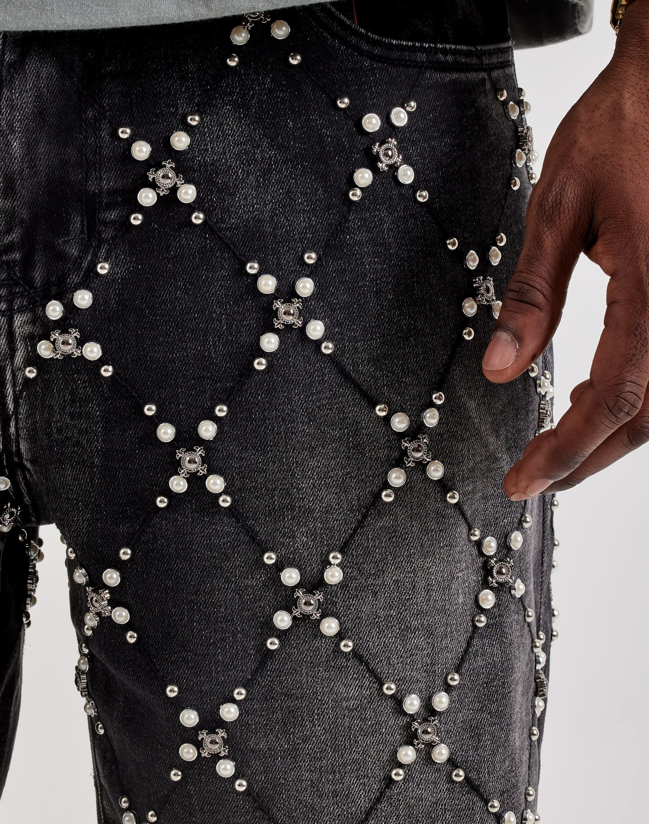 Vicious Denim Pearl Cluster Denim Shorts