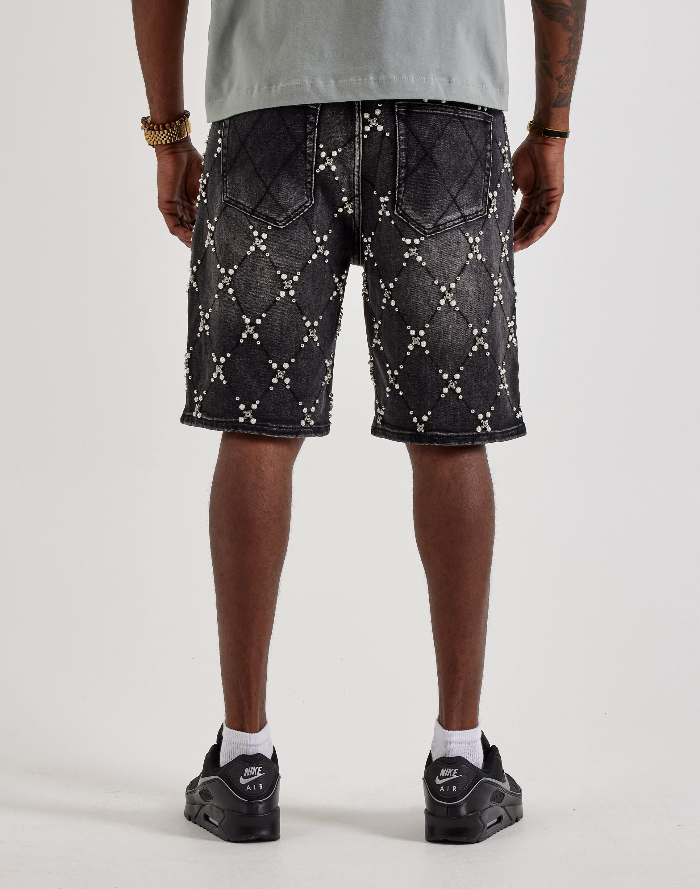 Vicious Denim Pearl Cluster Denim Shorts