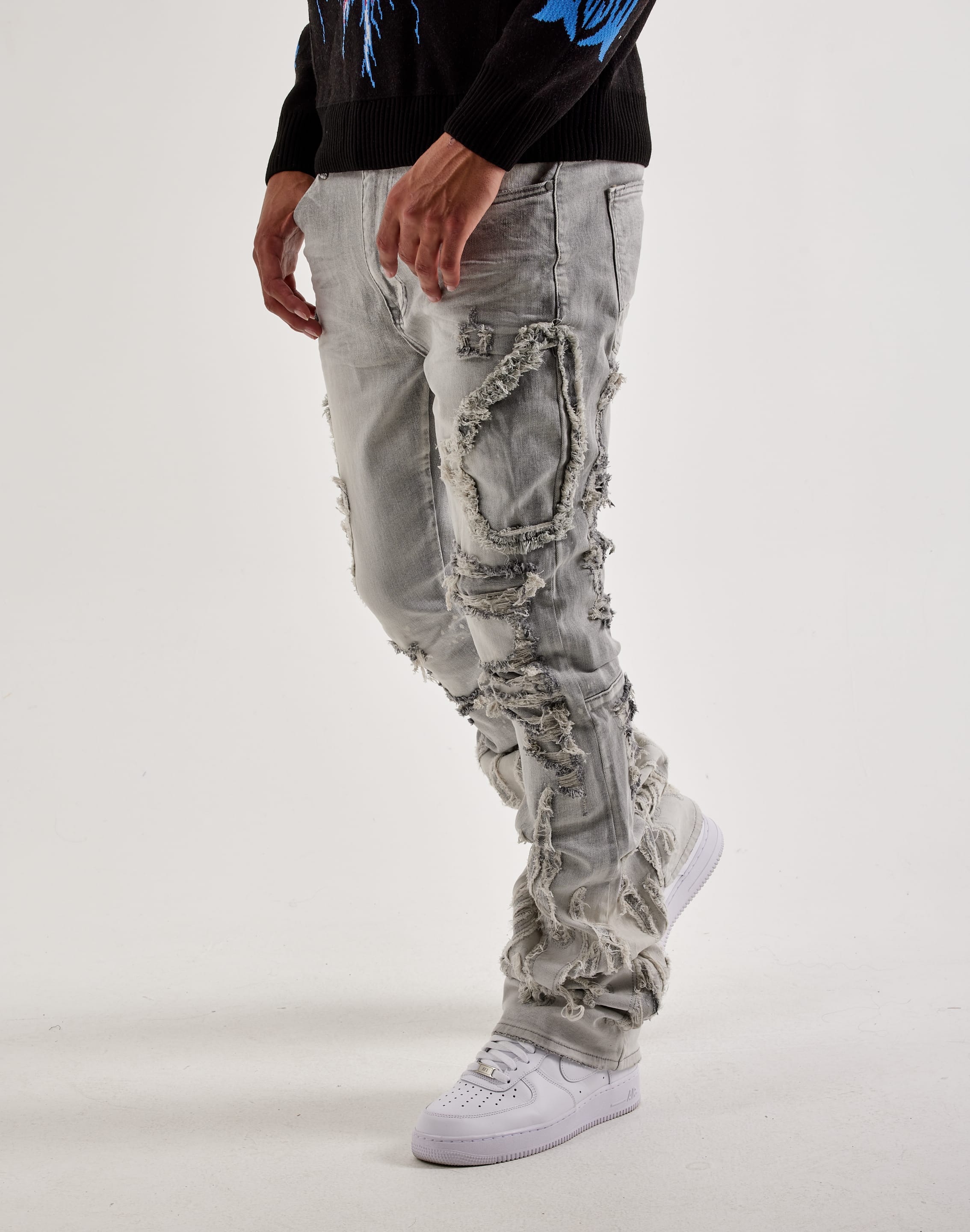 Smoke Rise Flame Rip & Repair Distressed Stacked Denim Jeans
