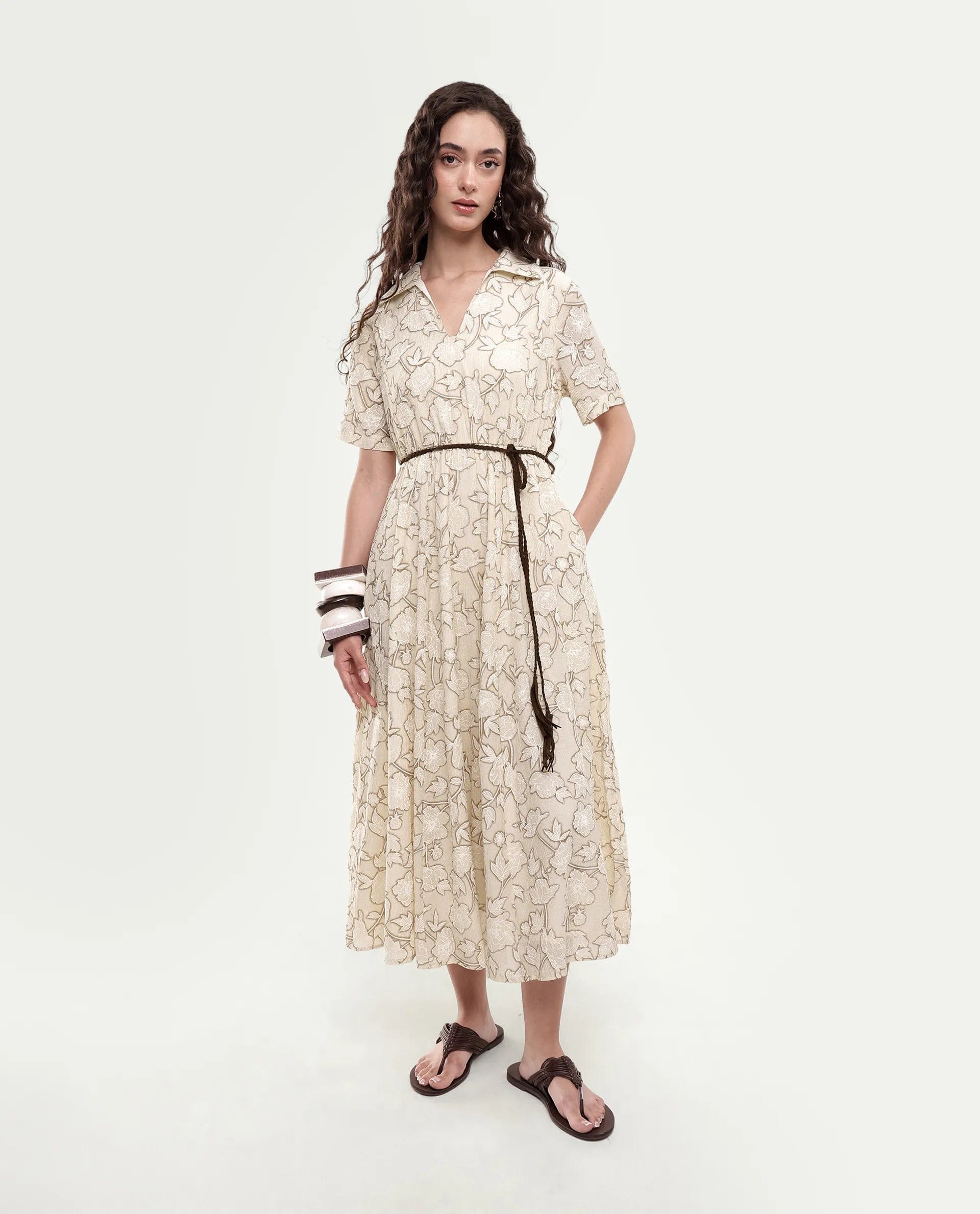Rareism Women's Yetto Off White Viscose Blend Elastic Fit And Flare Puff Print Dress
