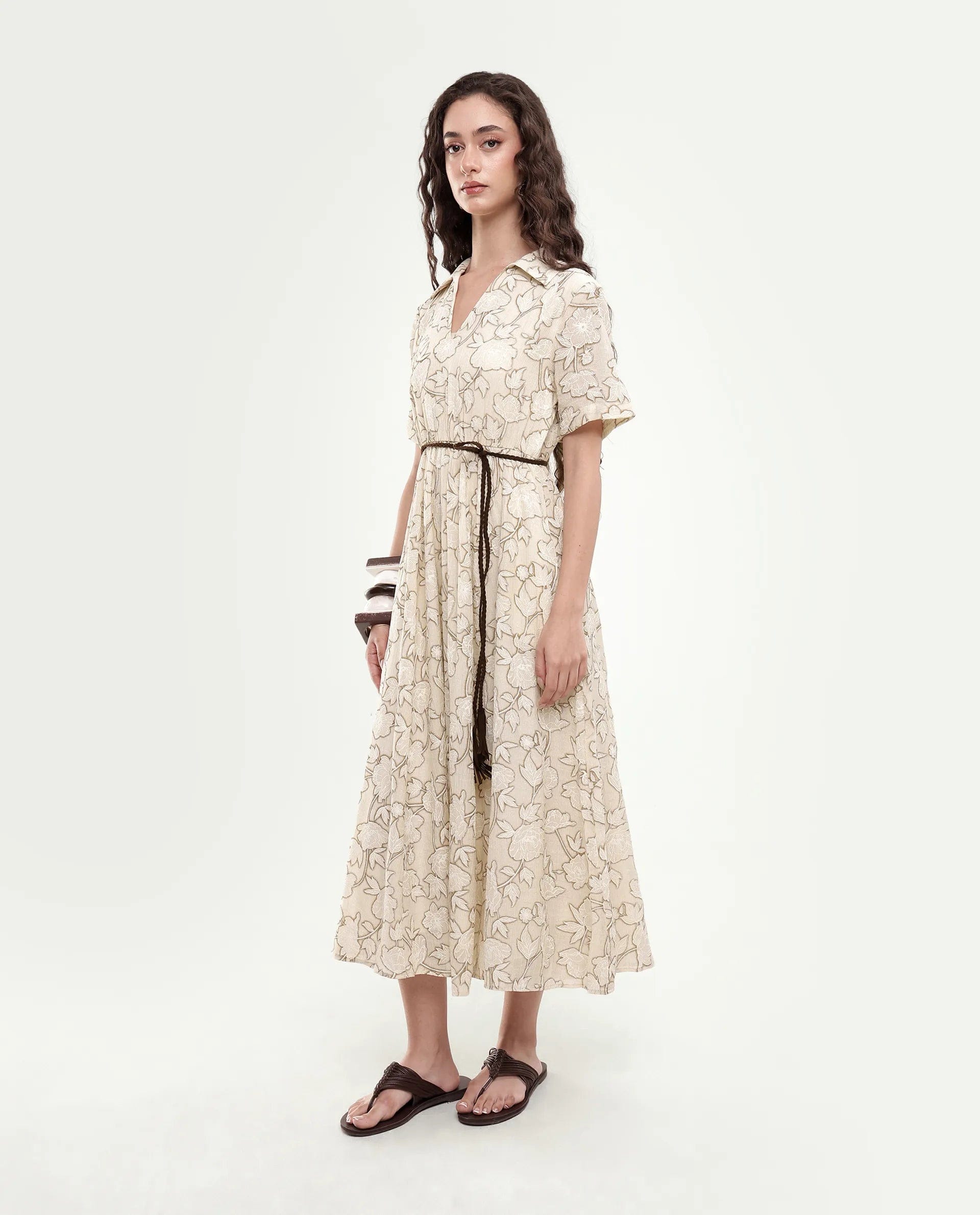 Rareism Women's Yetto Off White Viscose Blend Elastic Fit And Flare Puff Print Dress