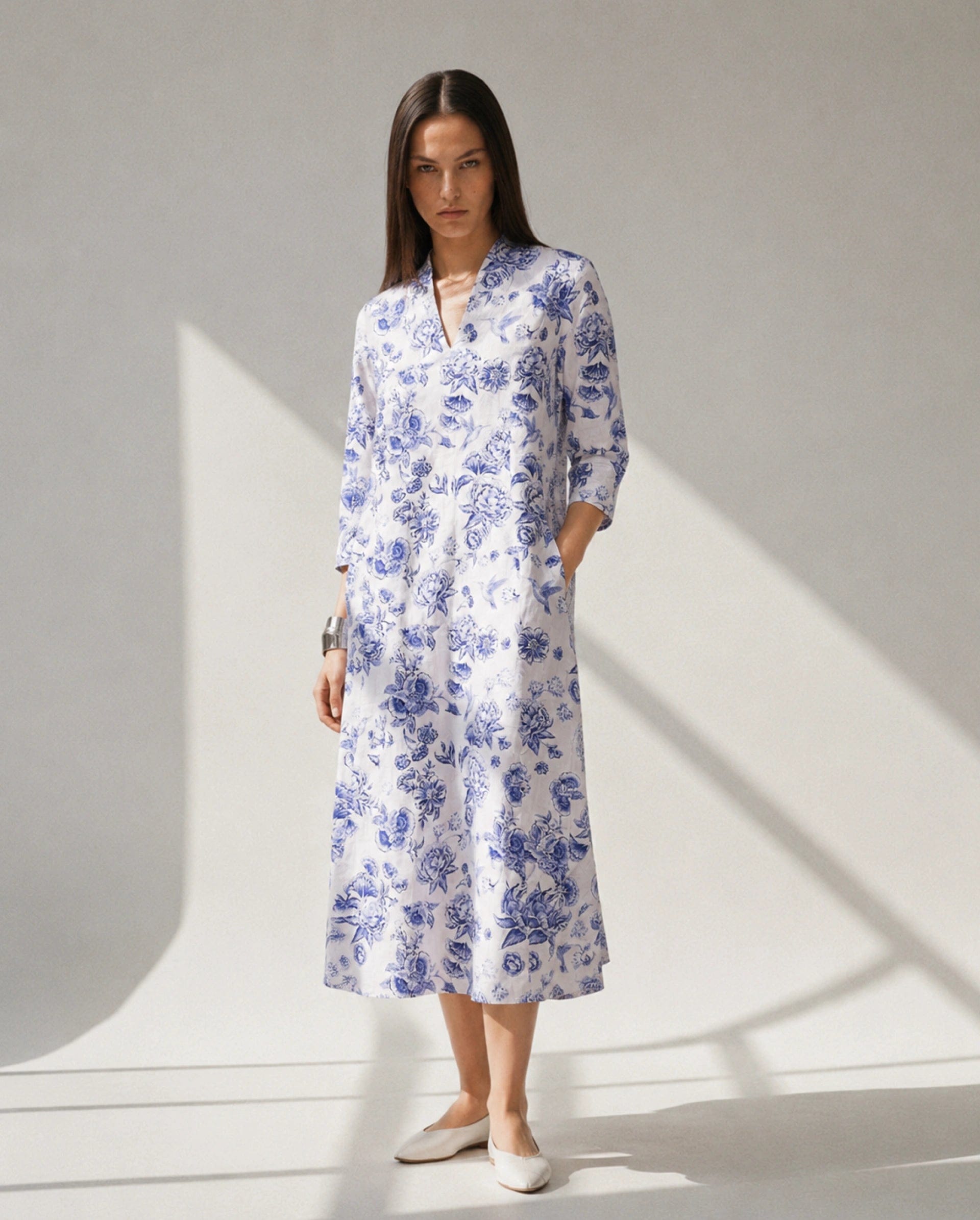 Rareism Women's Mandro Beige Floral Cotton A - Line Three Quarter Sleeve Dress