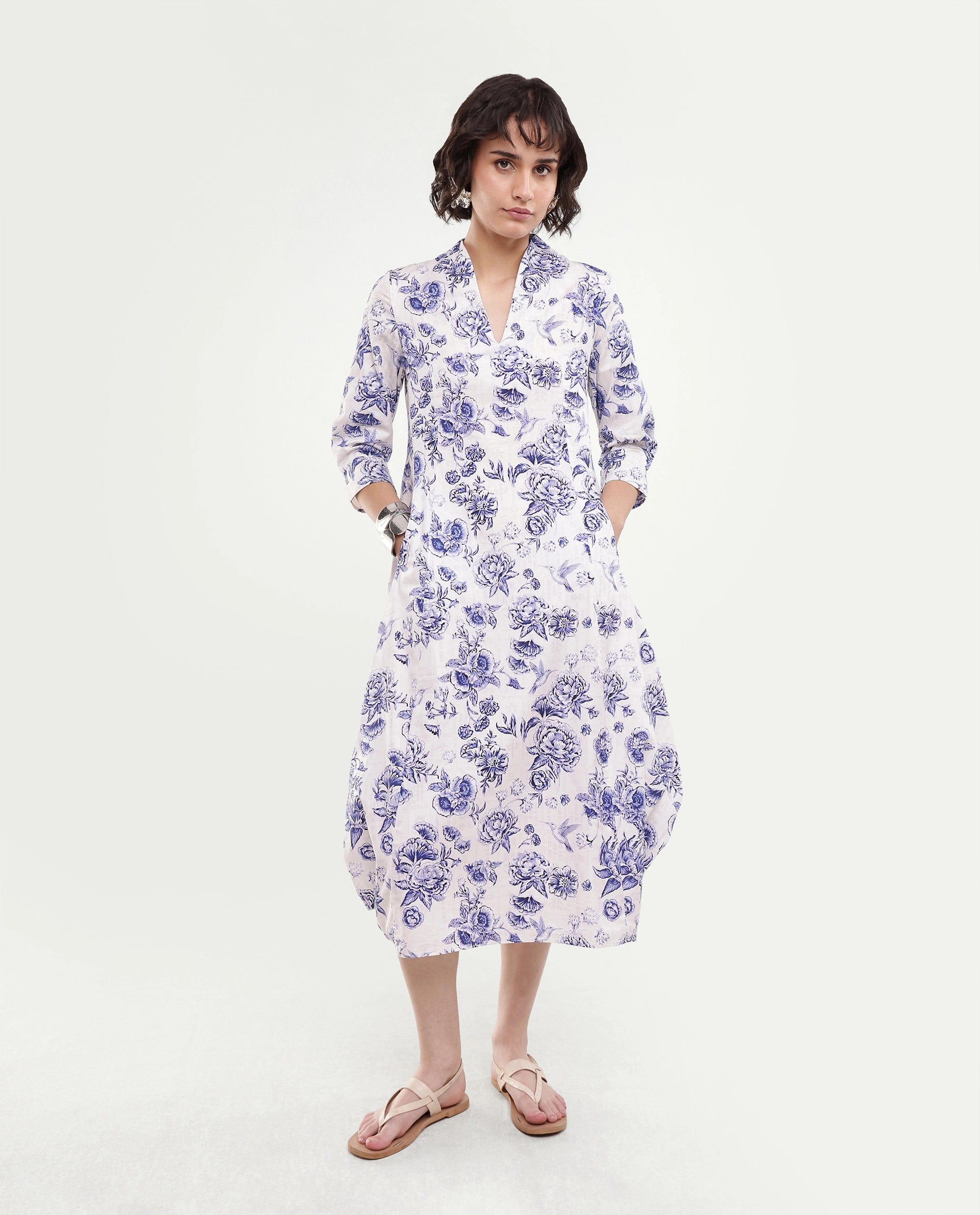 Rareism Women's Mandro Beige Floral Cotton A - Line Three Quarter Sleeve Dress