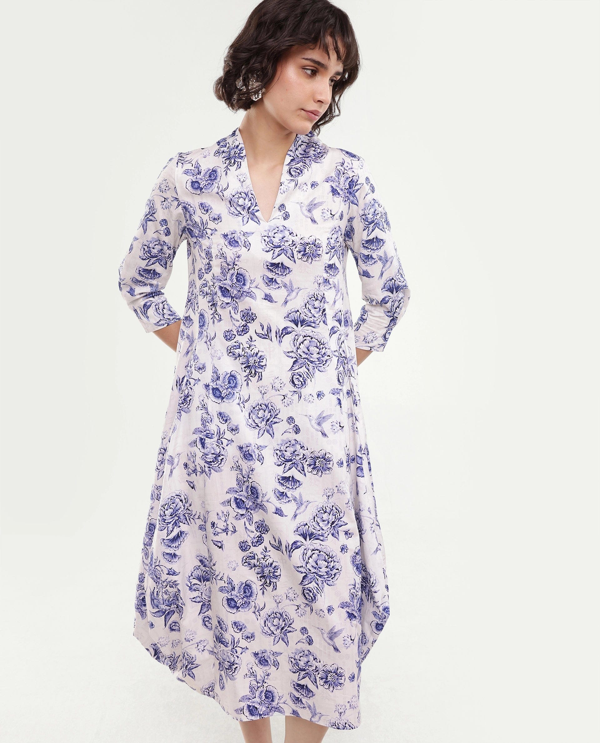 Rareism Women's Mandro Beige Floral Cotton A - Line Three Quarter Sleeve Dress