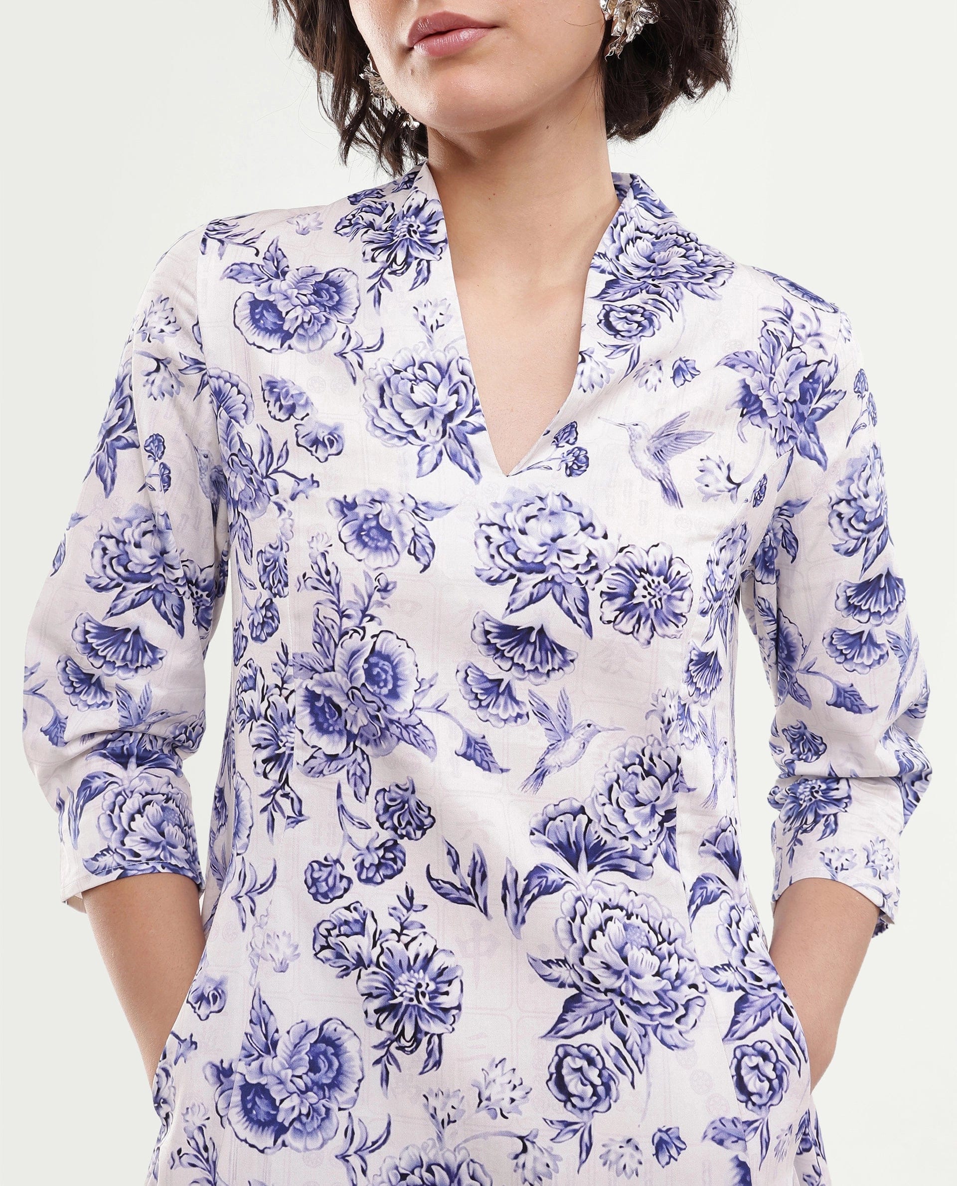 Rareism Women's Mandro Beige Floral Cotton A - Line Three Quarter Sleeve Dress