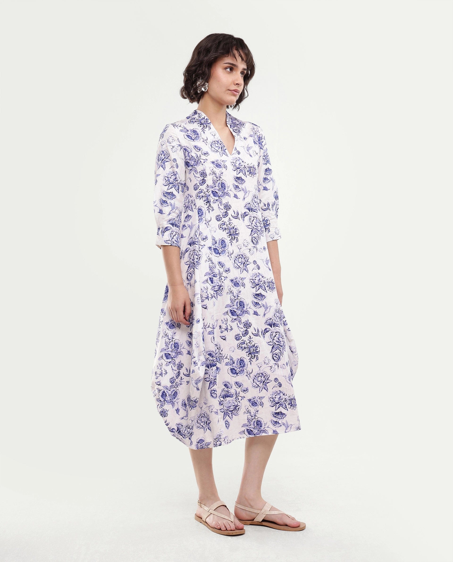 Rareism Women's Mandro Beige Floral Cotton A - Line Three Quarter Sleeve Dress