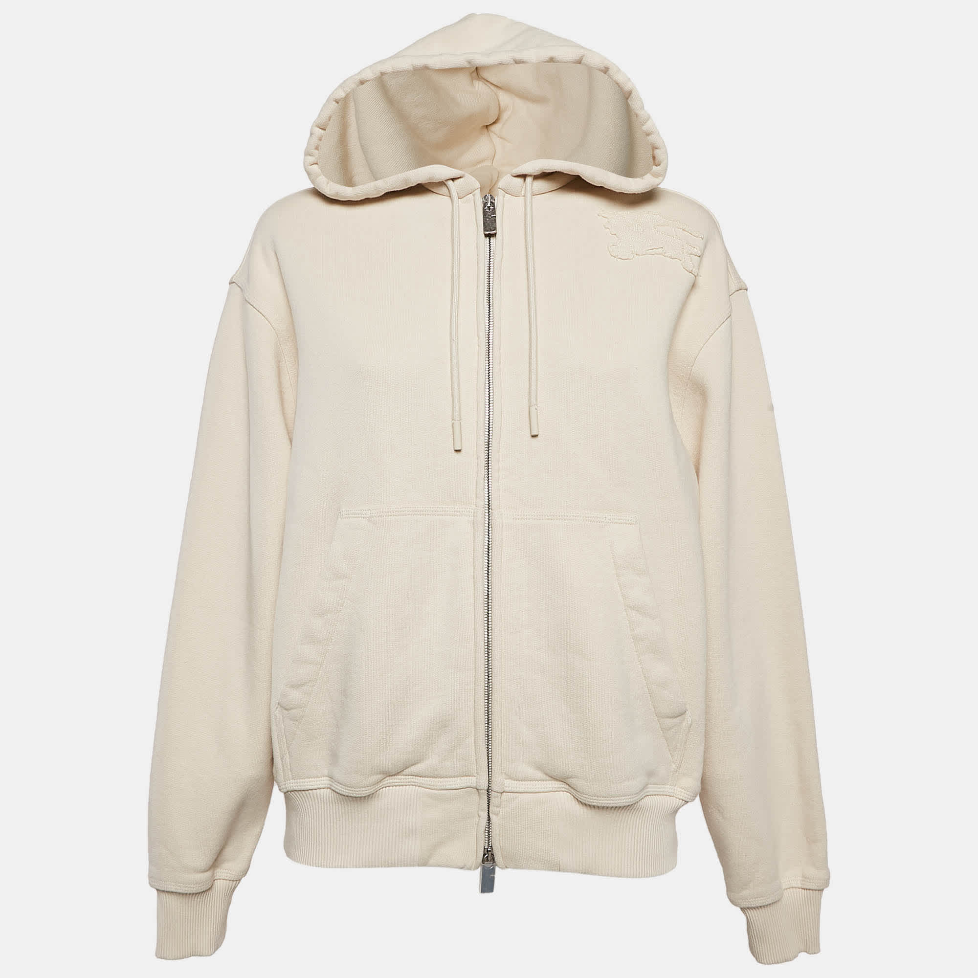 Logo Beige Logo Applique Cotton Knit Zip - Up Hoodie