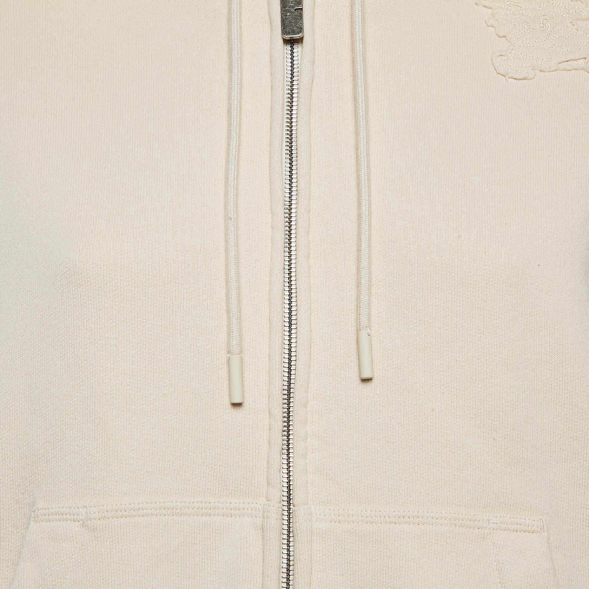 Logo Beige Logo Applique Cotton Knit Zip - Up Hoodie