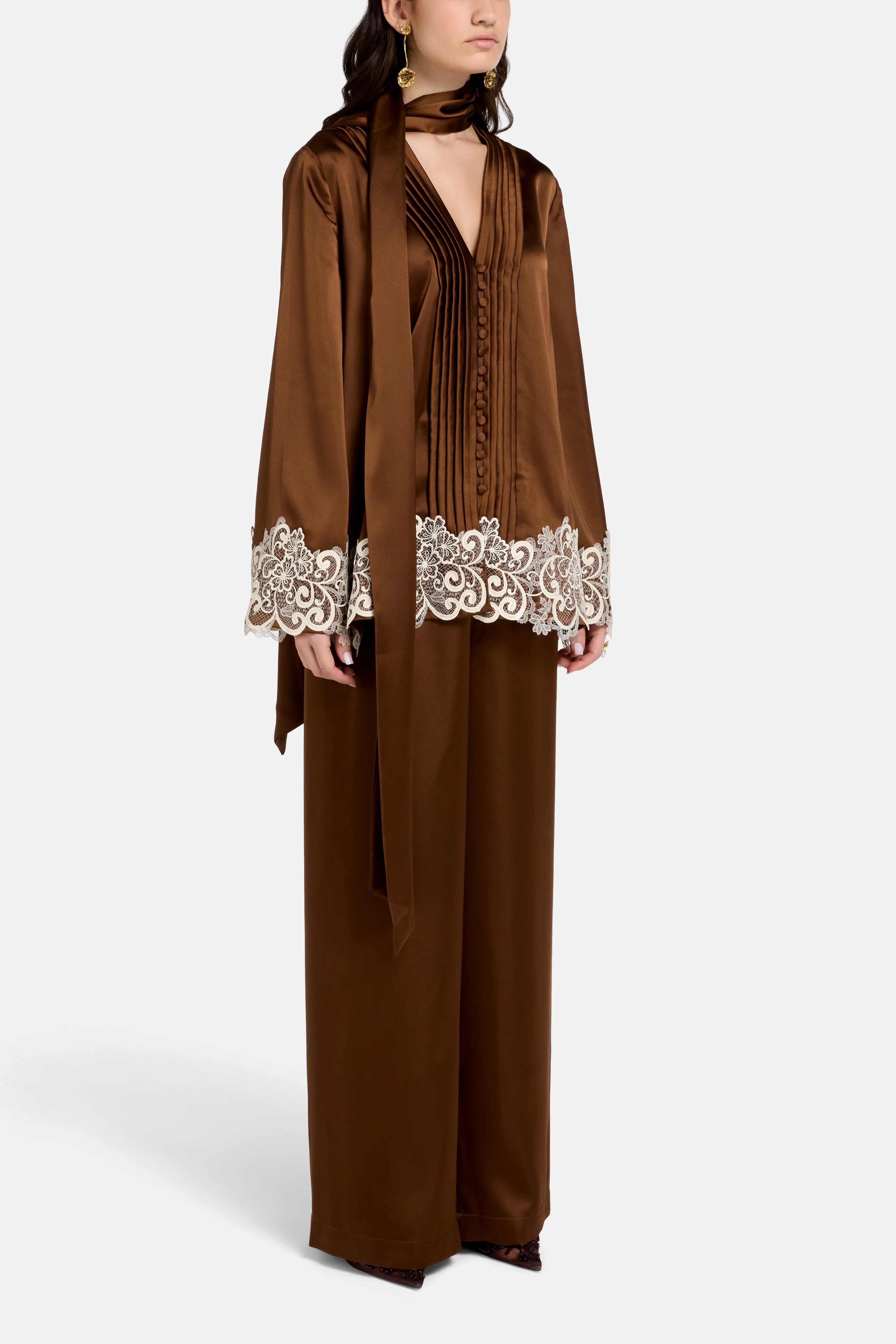 Vasiliki Haneen Linen Satin Lace Details Coco Top in Brown