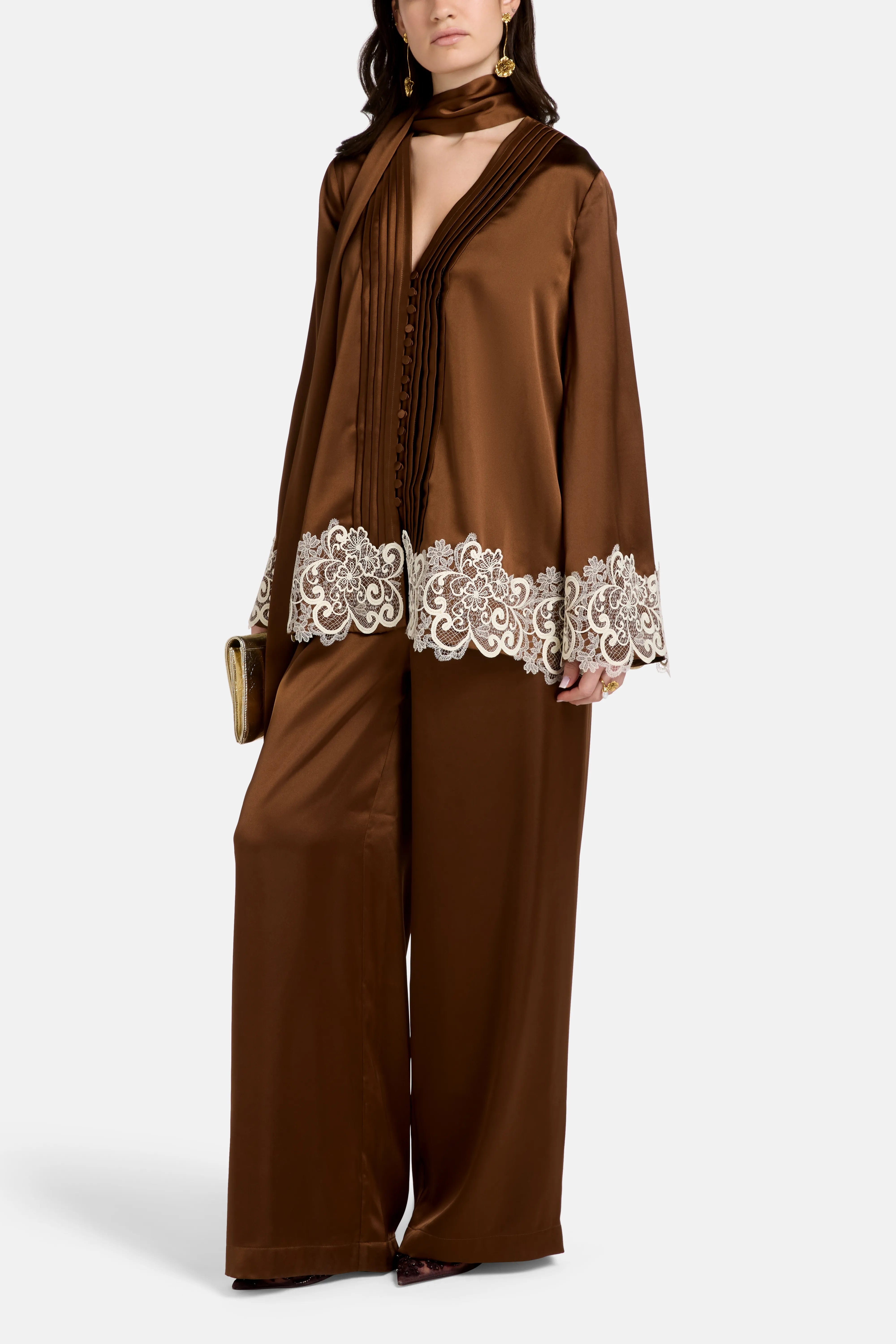 Vasiliki Haneen Linen Satin Lace Details Coco Top in Brown