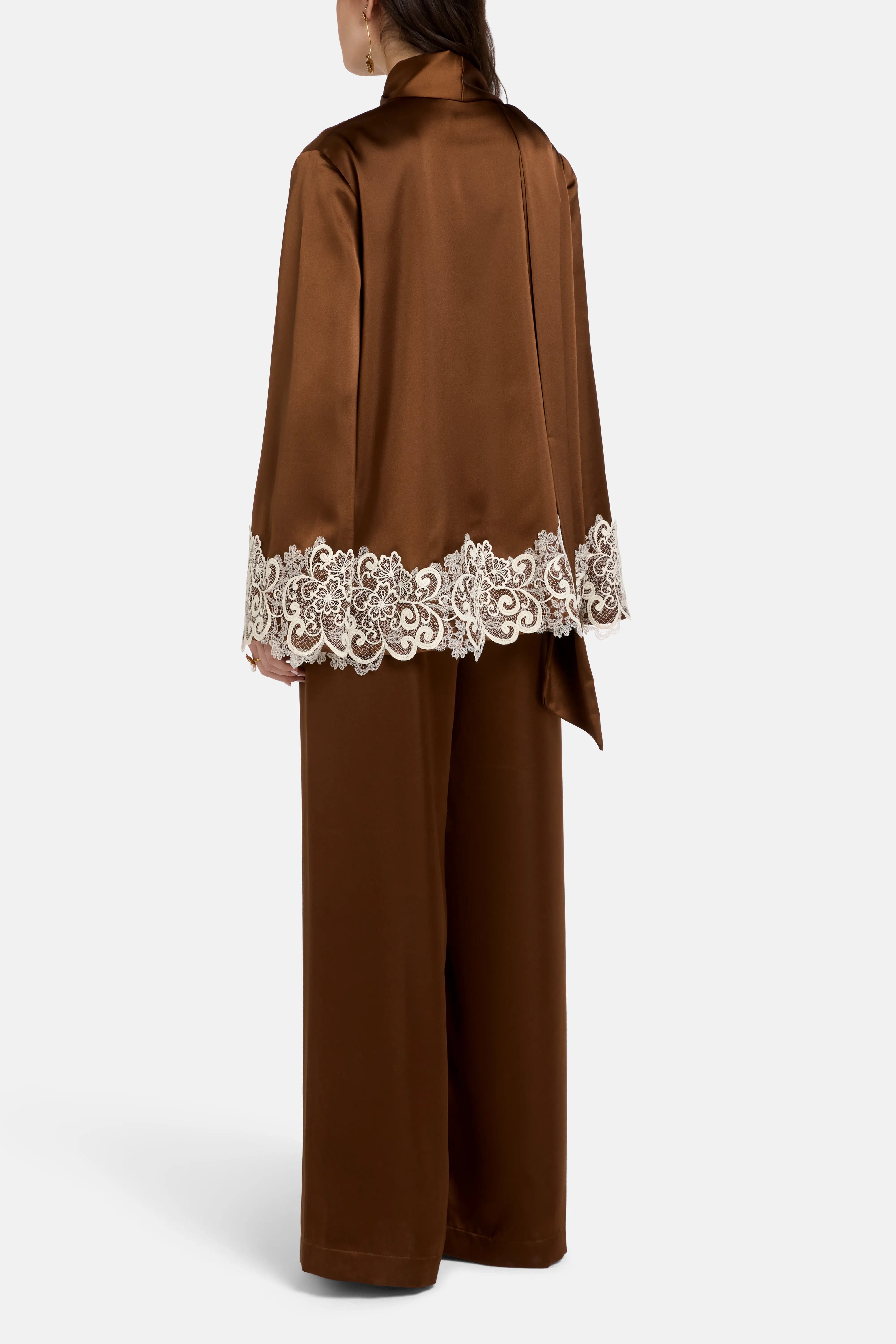 Vasiliki Haneen Linen Satin Lace Details Coco Top in Brown