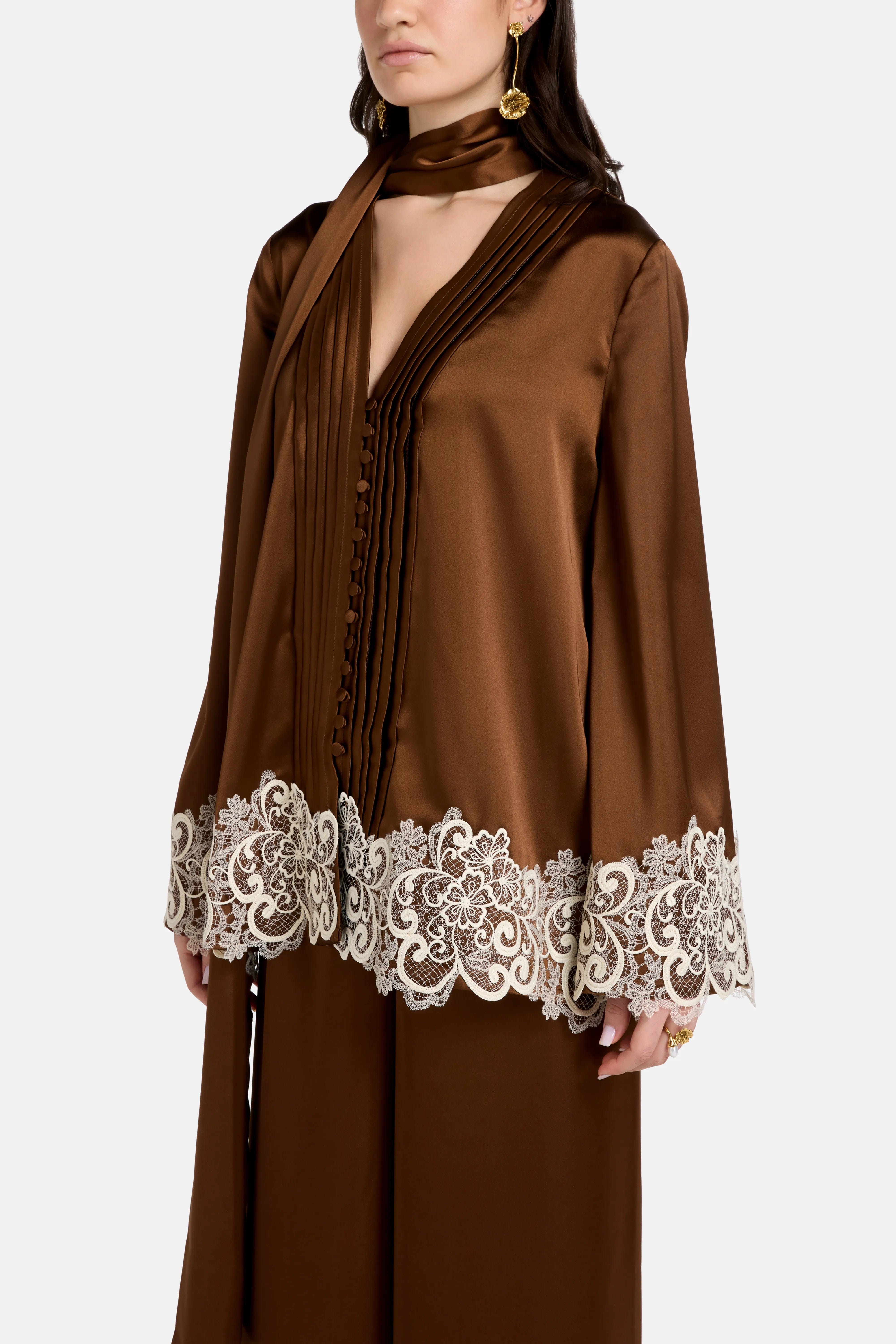 Vasiliki Haneen Linen Satin Lace Details Coco Top in Brown