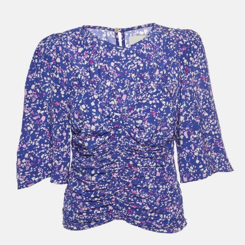 Isabel Marant Purple Speckle Print Silk Ruched Blouse