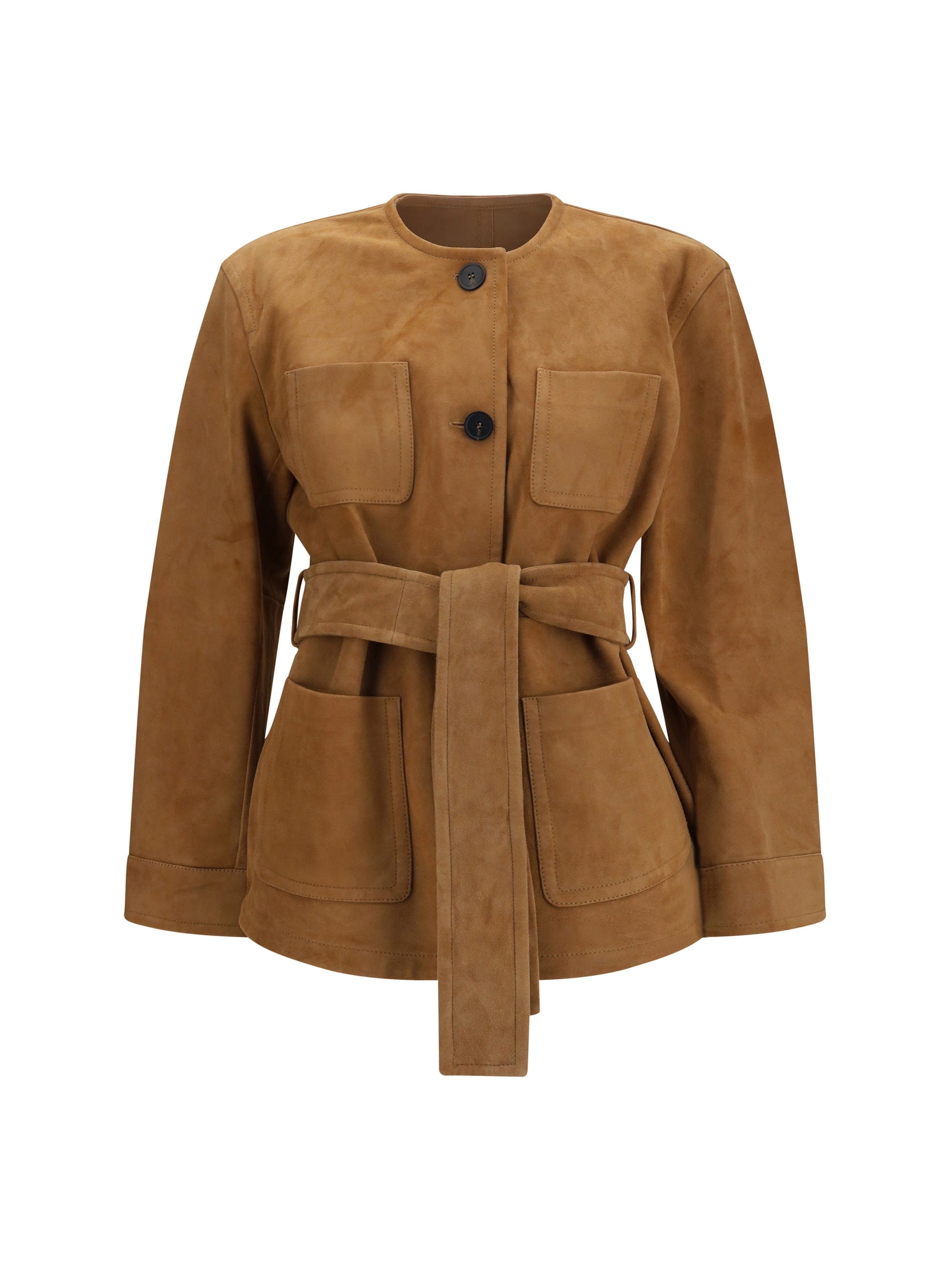 Max Mara Studio Suede Leather with Belt Jacket — Camel
