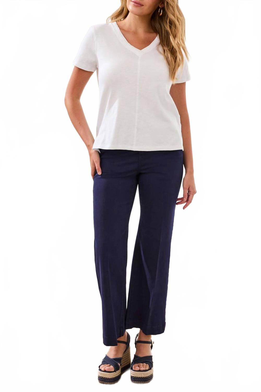 WHITE* Short Sleeve V Neck Top With Rib Combo In White - 0001