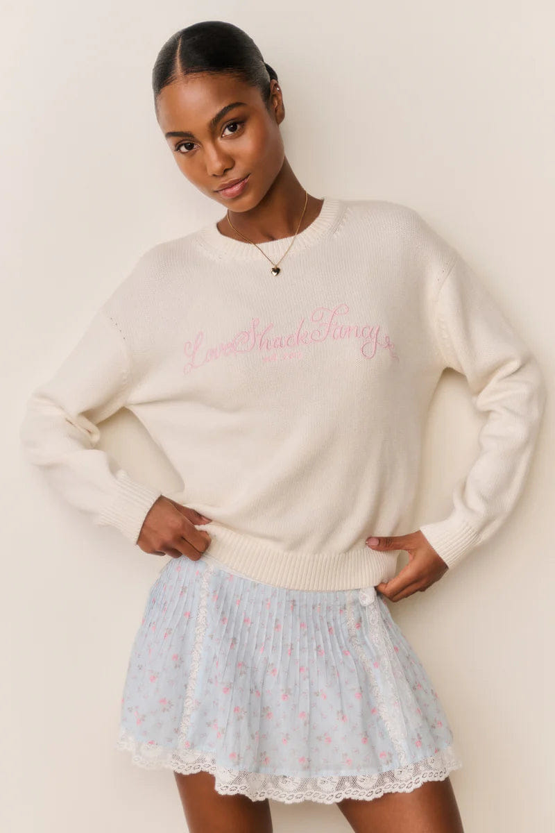 Loveshackfancy Selman Embroidered Cotton Wool Pullover Sweater in Cream