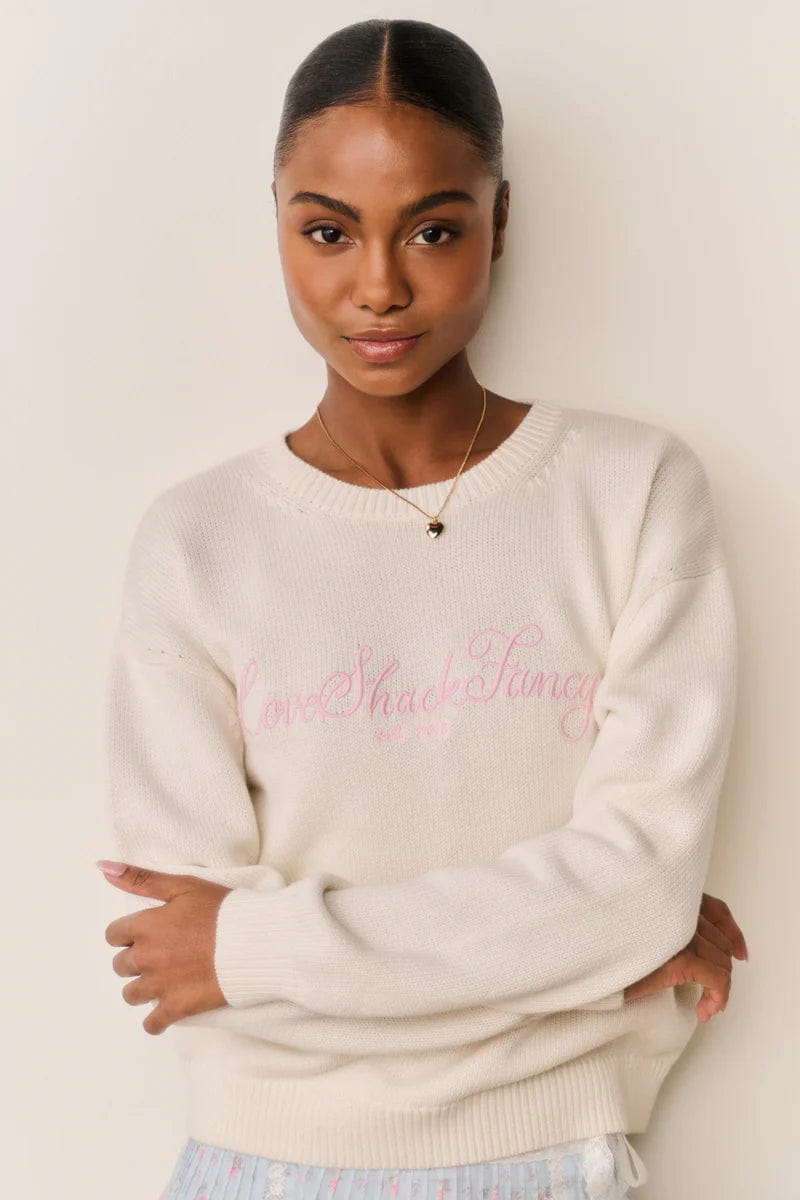 Loveshackfancy Selman Embroidered Cotton Wool Pullover Sweater in Cream