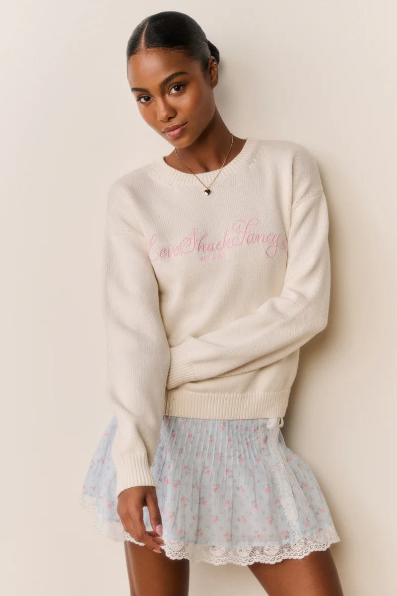Loveshackfancy Selman Embroidered Cotton Wool Pullover Sweater in Cream