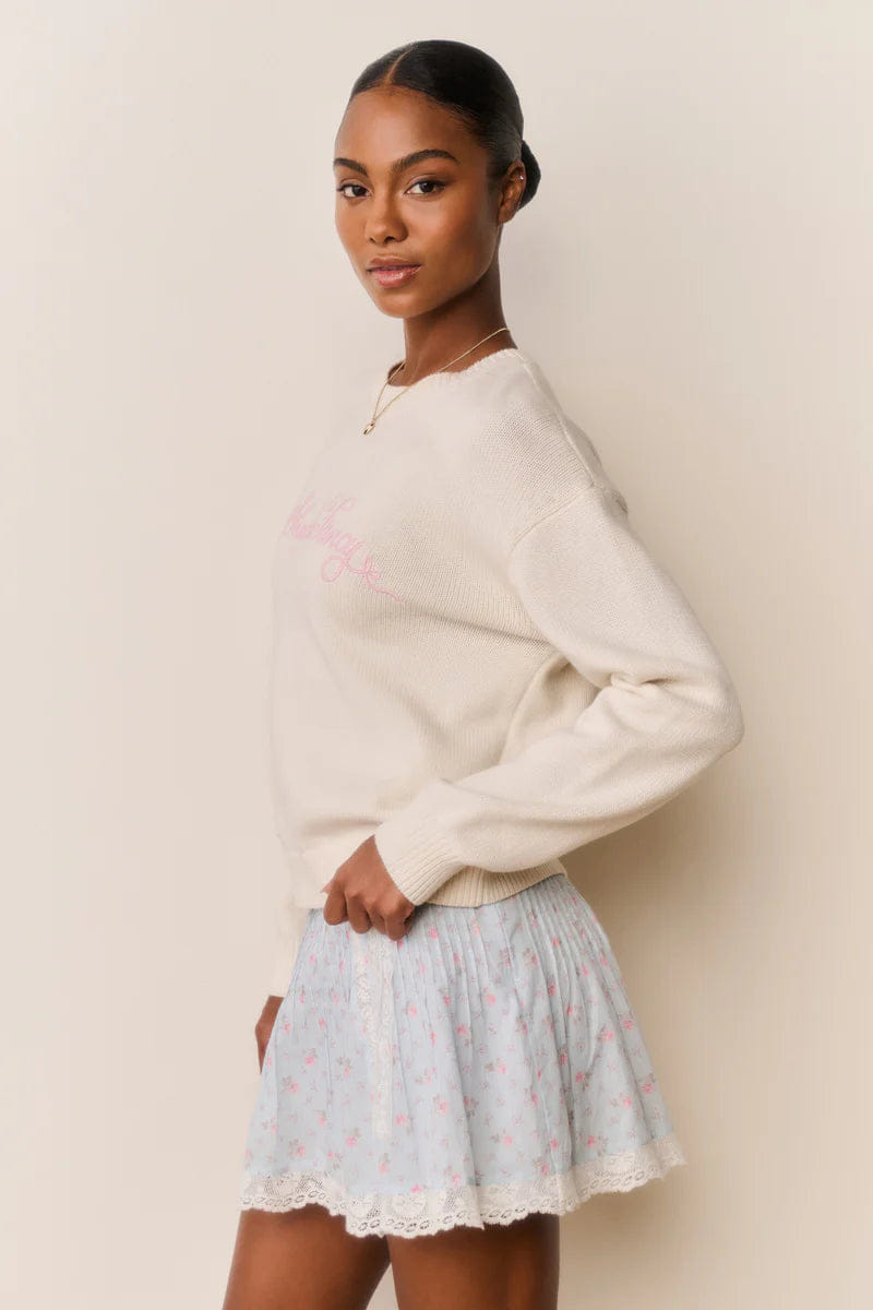 Loveshackfancy Selman Embroidered Cotton Wool Pullover Sweater in Cream