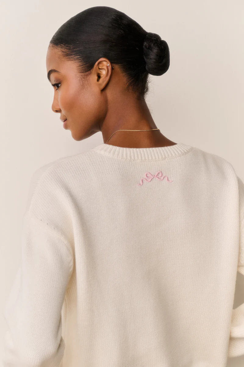 Loveshackfancy Selman Embroidered Cotton Wool Pullover Sweater in Cream
