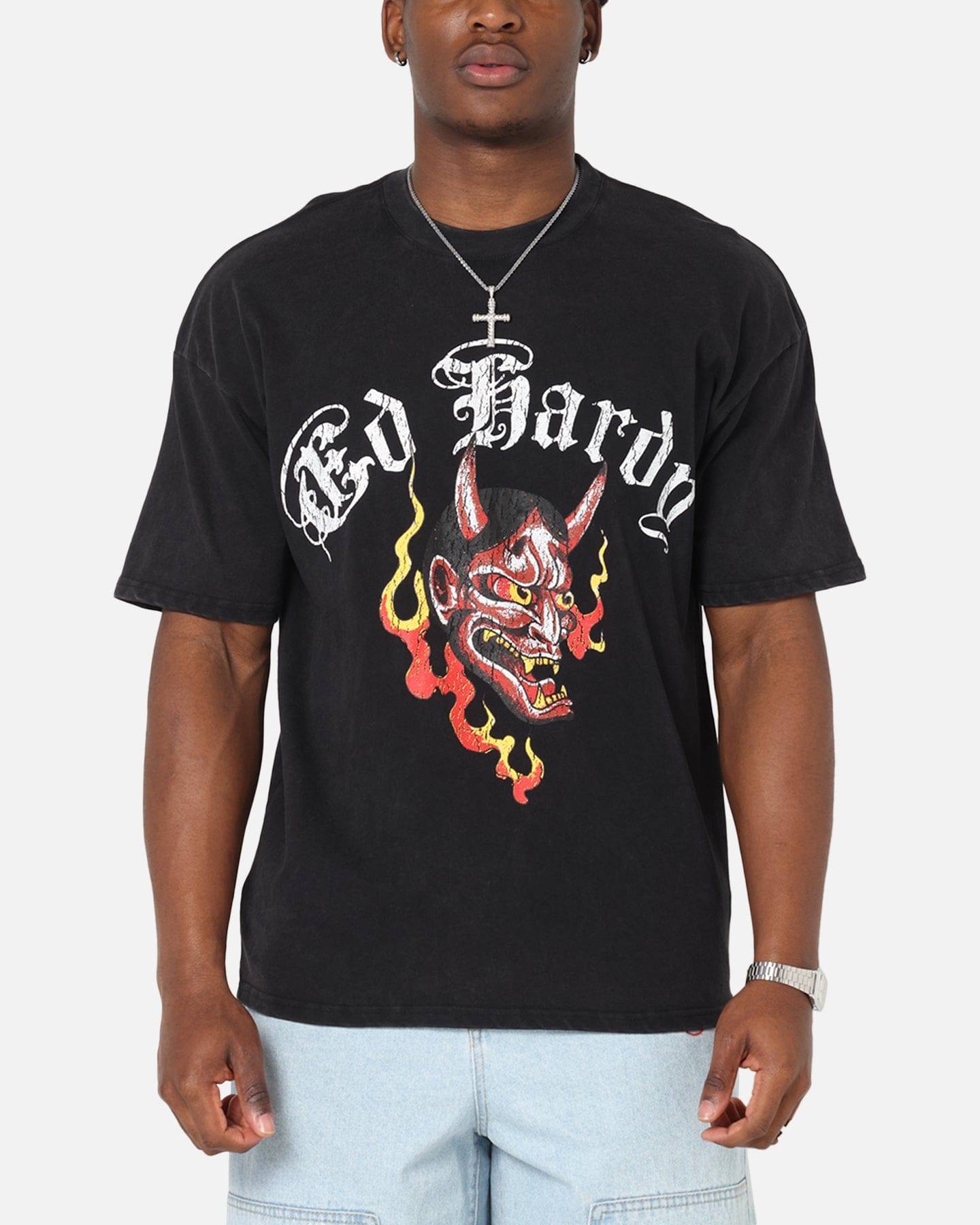 Ed Hardy Mask Of Mischief T - Shirt Black Acidwash