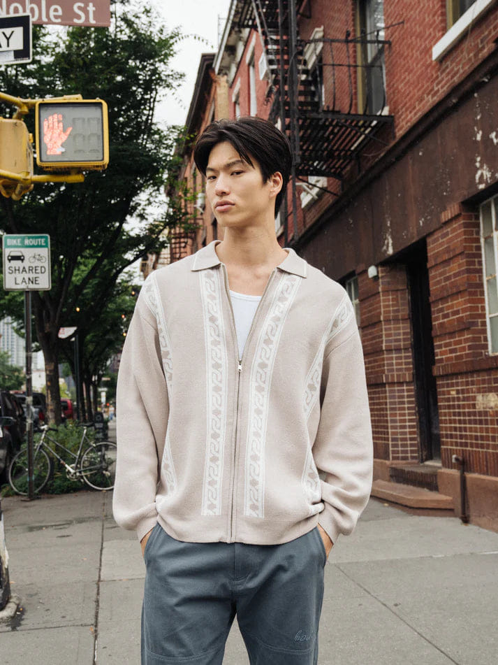 Bound Chain Full Zip Knit Polo - Ash