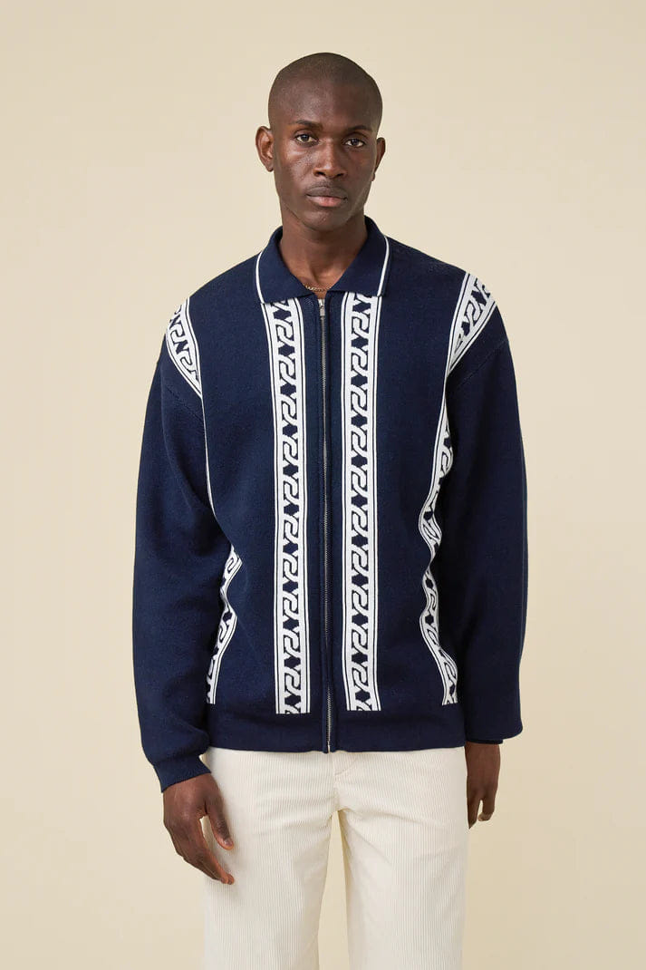 Bound Chain Full Zip Knit Polo - Navy