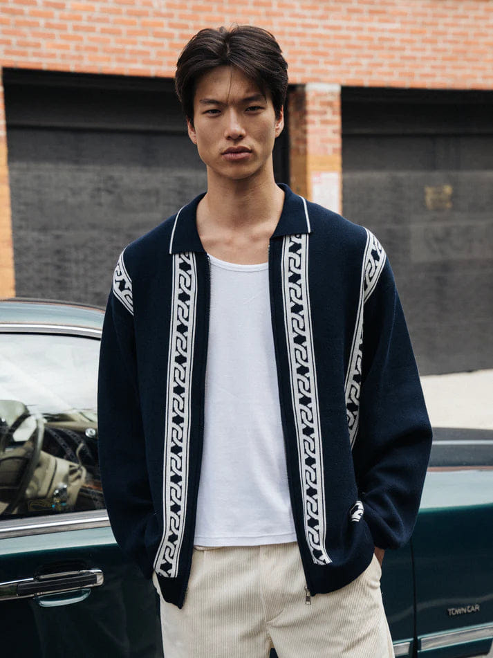 Bound Chain Full Zip Knit Polo - Navy